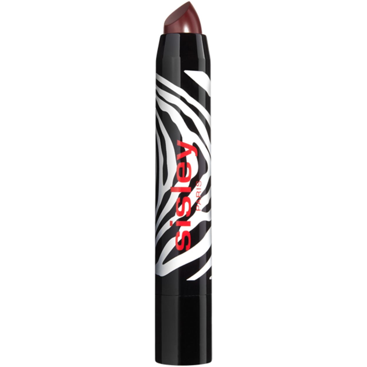 Lippenstiftstift mit schwarz-weißem Zebra-Muster und rotem "Sisley Paris"-Schriftzug. Burgunderfarbene Spitze sichtbar.