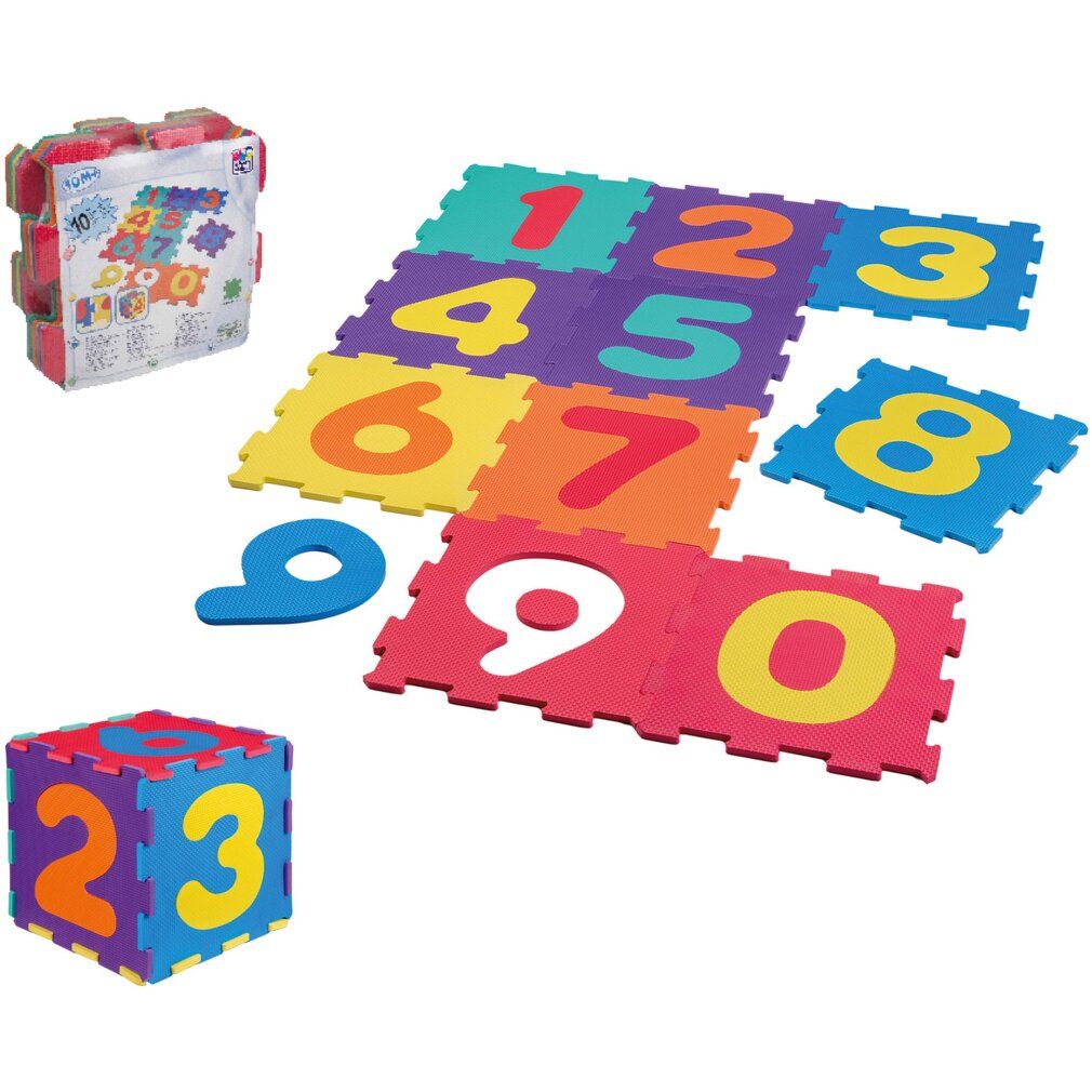 Happy People Puzzlematten mit Zahlen. 10 Puzzleteile, Zahlen 0-9. Einzelne Puzzleteile und ein Würfel. Verpackung links oben.