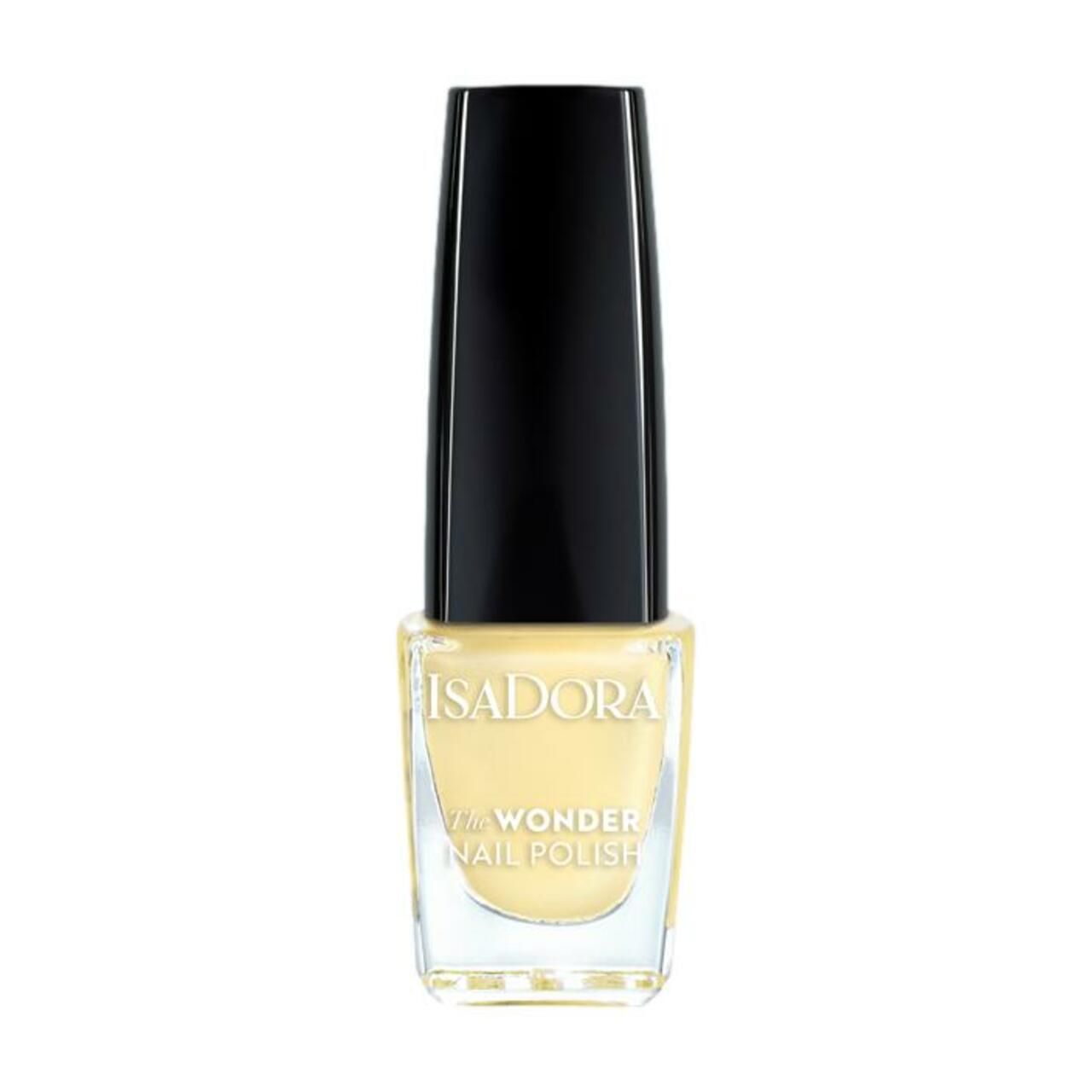 Hellgelber Nagellack in einer Glasflasche mit schwarzem Deckel. Auf der Flasche steht "IsaDora Wonder Nail Polish".