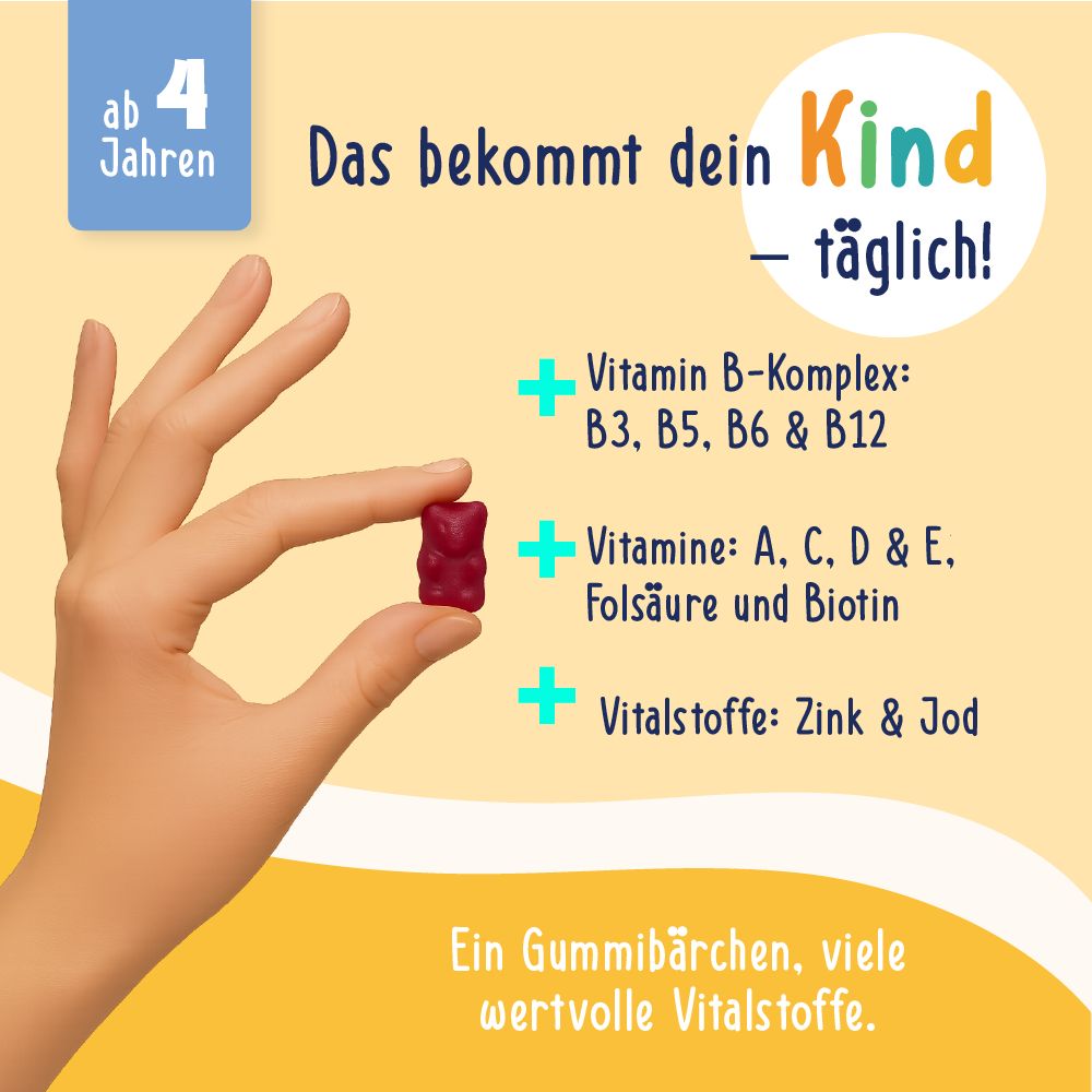 Hand hält ein rotes Gummibärchen. Aufschrift: Vitamin B-Komplex, Vitamine A, C, D & E, Zink & Jod. Text: ab 4 Jahren, täglich.