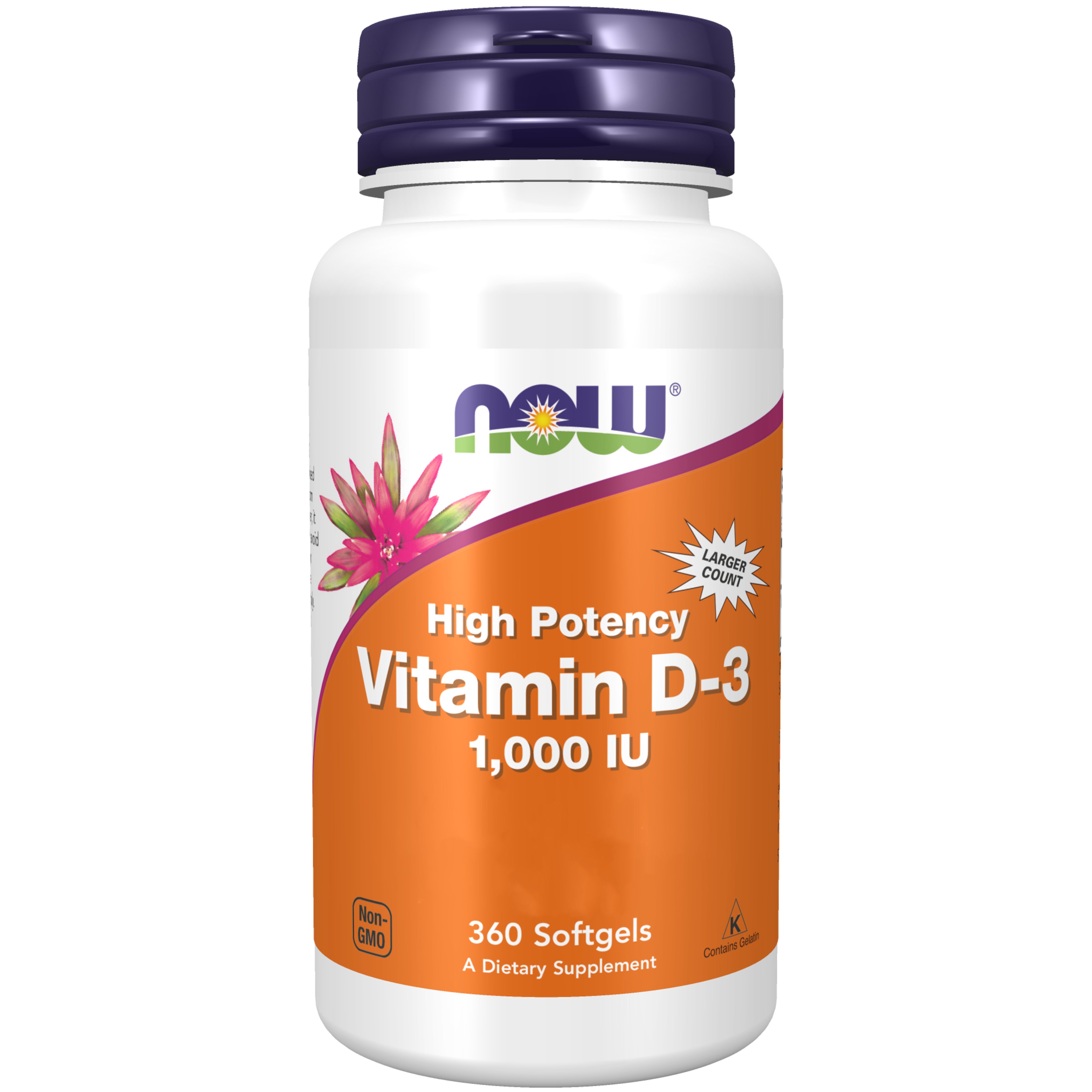 Weichkapseln Vitamin D-3 von Now Foods. Weiße Flasche mit orangefarbenem Etikett. Enthält 360 Softgels, 1.000 IE.