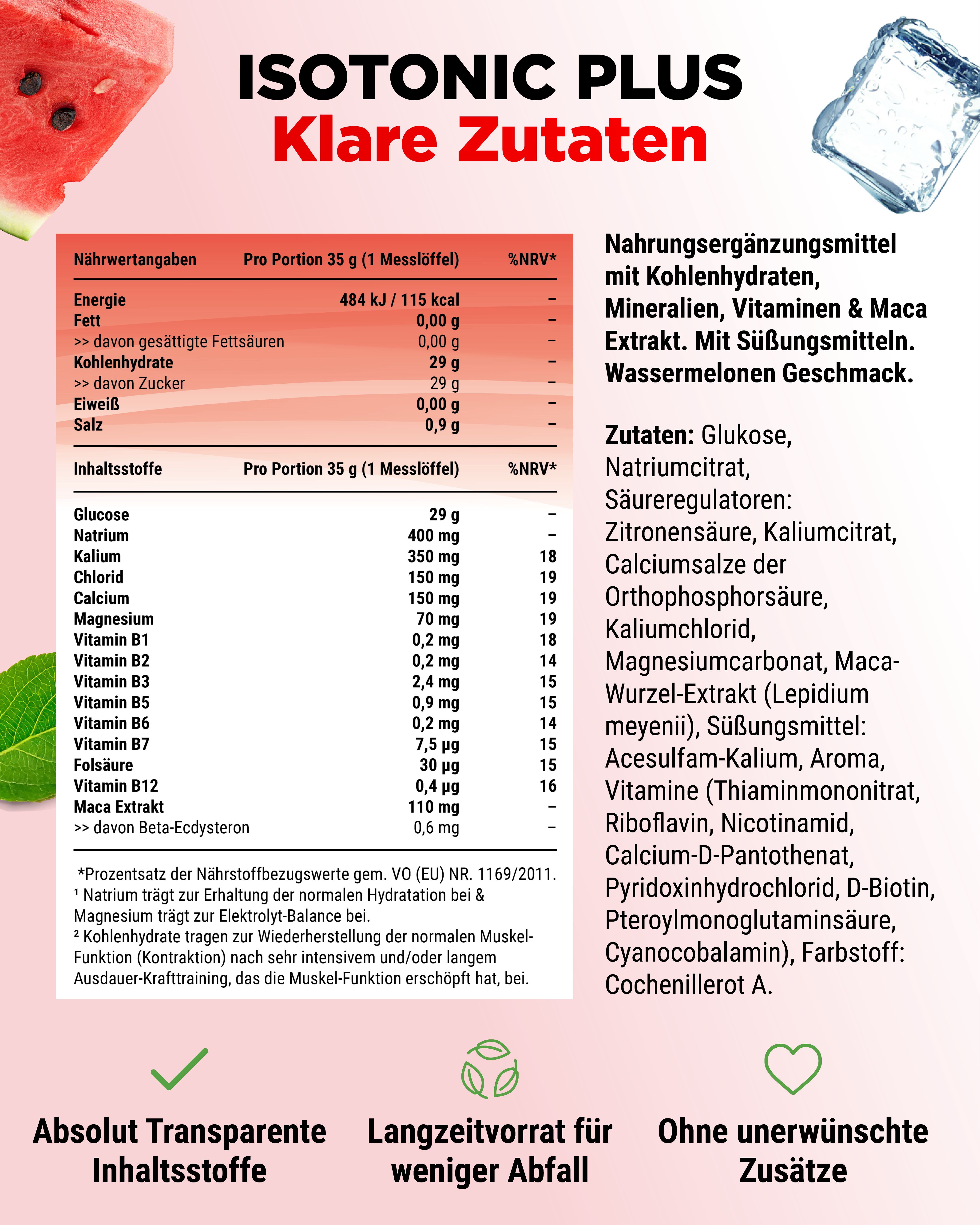 Nährwerttabelle und Zutatenliste. Text: Kohlenhydrate, Mineralien, Vitamine & Maca Extrakt. Wassermelonen Geschmack. Ohne unerwünschte Zusätze.