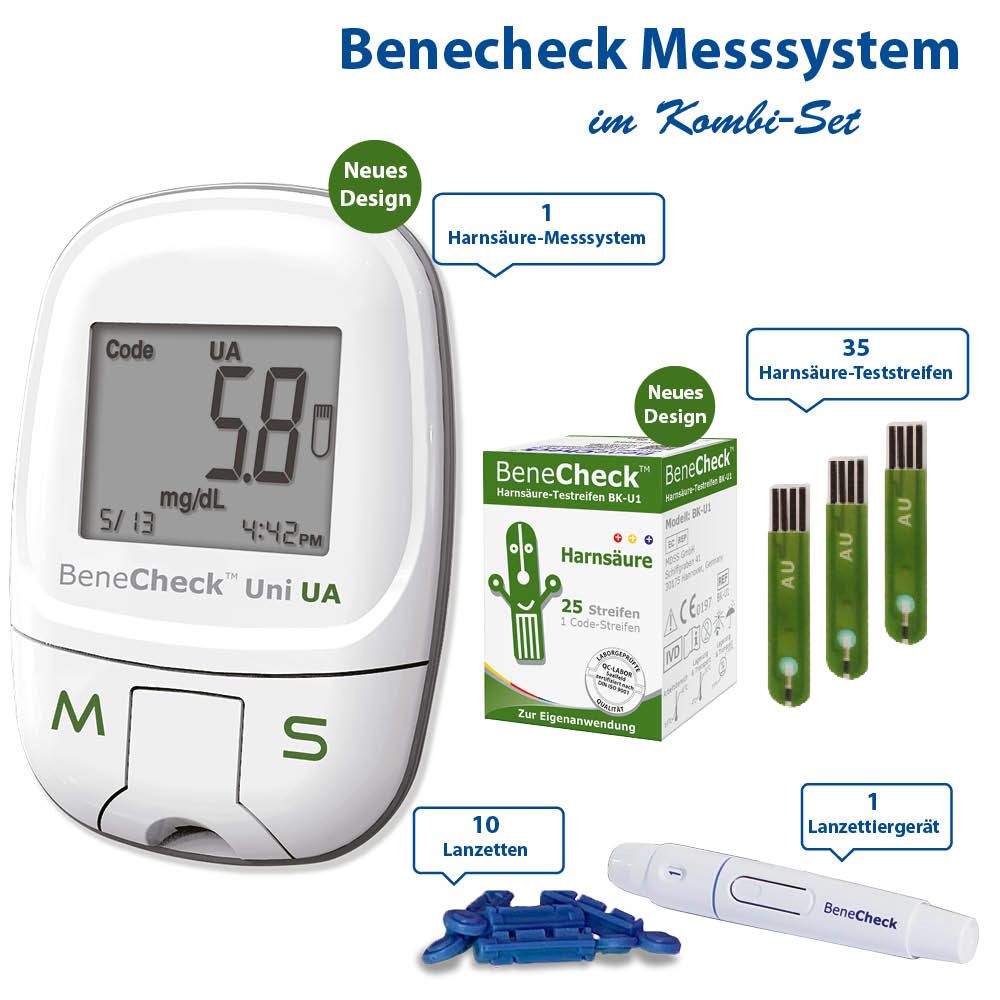 BeneCheck Harnsäure-Messgerät Premium- Kombi Set mit Teststreifen 1 St