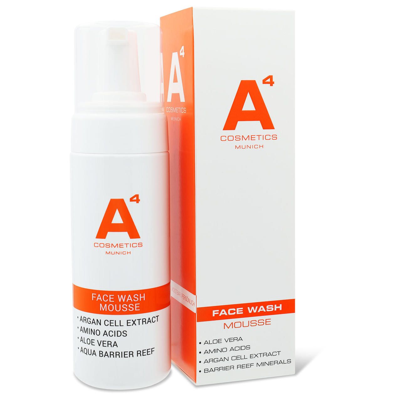 Weiße Flasche und Karton mit orangefarbenen Akzenten. Aufschrift: A4 Cosmetics, Face Wash Mousse. Inhaltsstoffe: Argan Cell Extract, Aloe Vera.