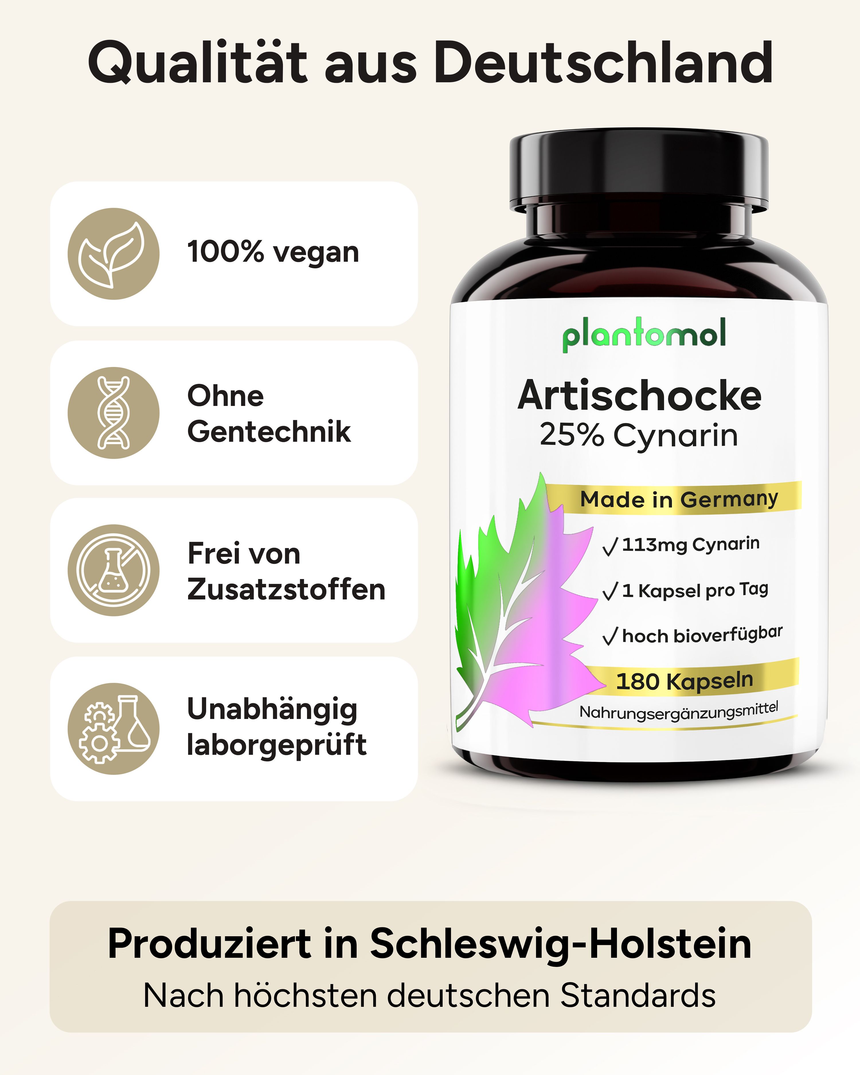 Produktflasche mit Etikett. Text: Qualität aus Deutschland. 100% vegan, ohne Gentechnik, frei von Zusatzstoffen, laborgeprüft.