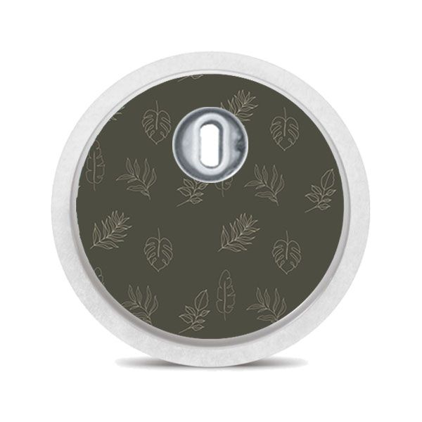 Runder Aufkleber mit Blattmuster. Dunkelgrüner Hintergrund, verschiedene Blätter. Für FreeStyle Libre 3.