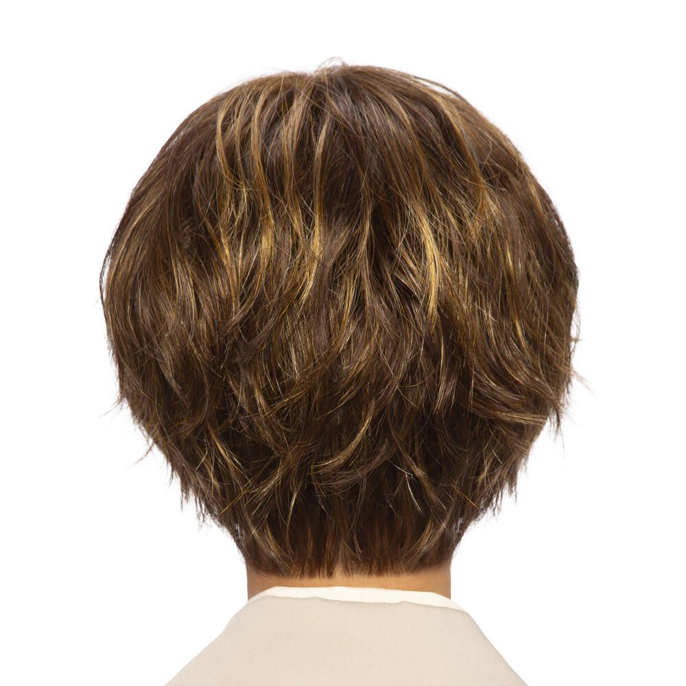 Kurzhaarperücke, braun mit helleren Strähnen. Rückansicht.