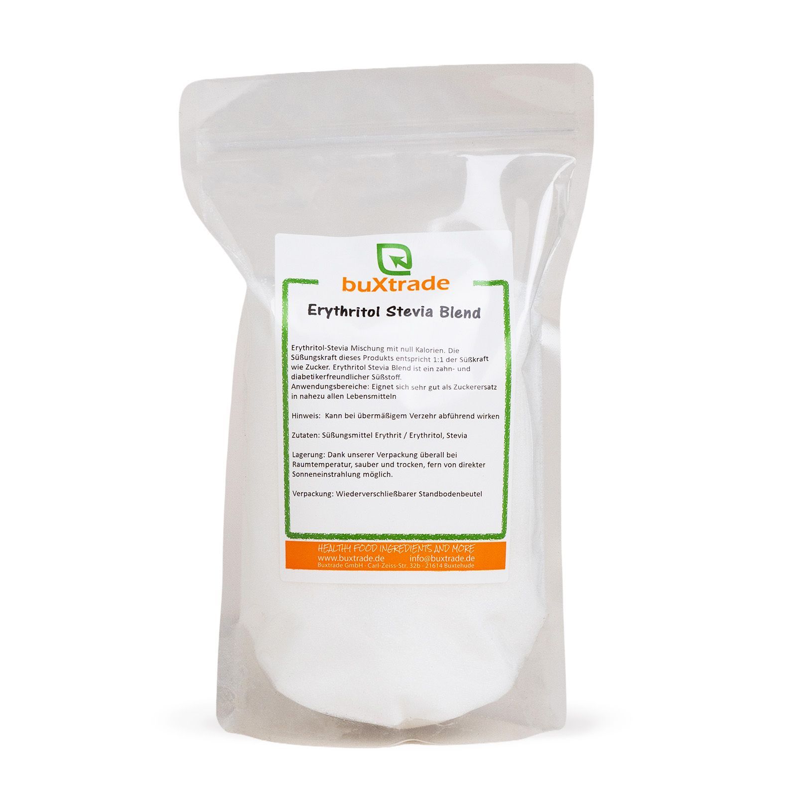 Transparente Verpackung mit weißem Pulver. Etikett mit Text: buXtrade Erythritol Stevia Blend.
