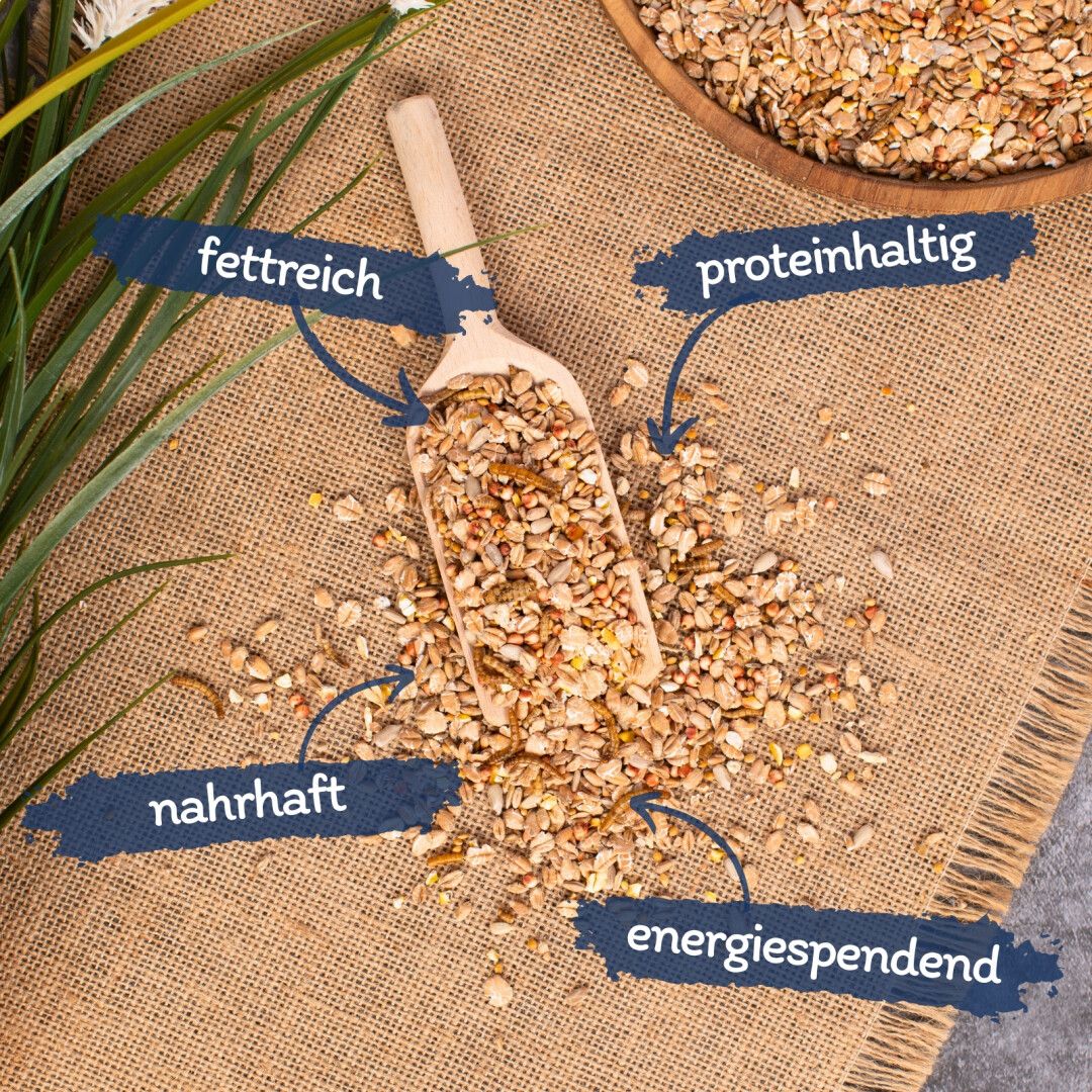 Futter auf einem Holzbrett mit Text: fettreich, proteinhaltig, nahrhaft, energiespendend.