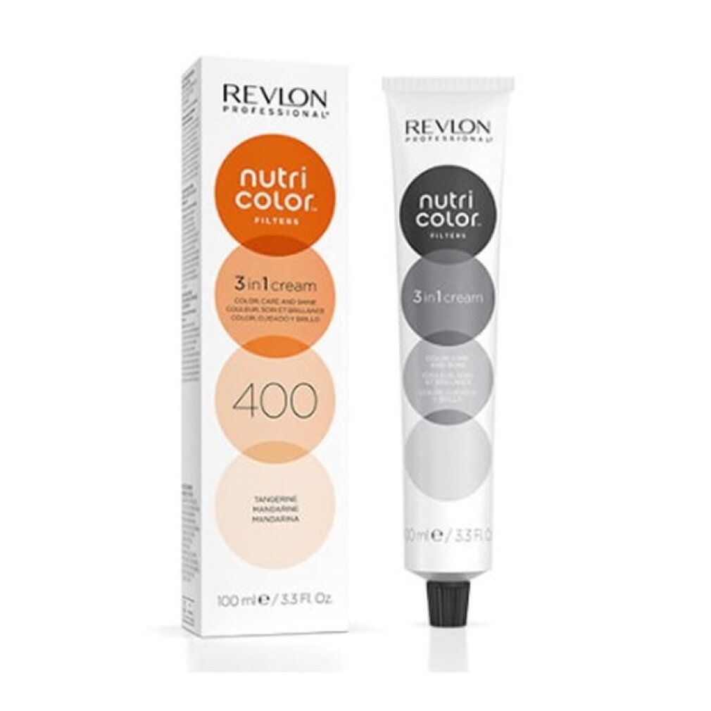 Weißer Karton und Tube. Aufschrift: Revlon Nutri Color Filters 3in1 Cream 400. Tangerine Mandarin. 100ml/3.3 Fl Oz.