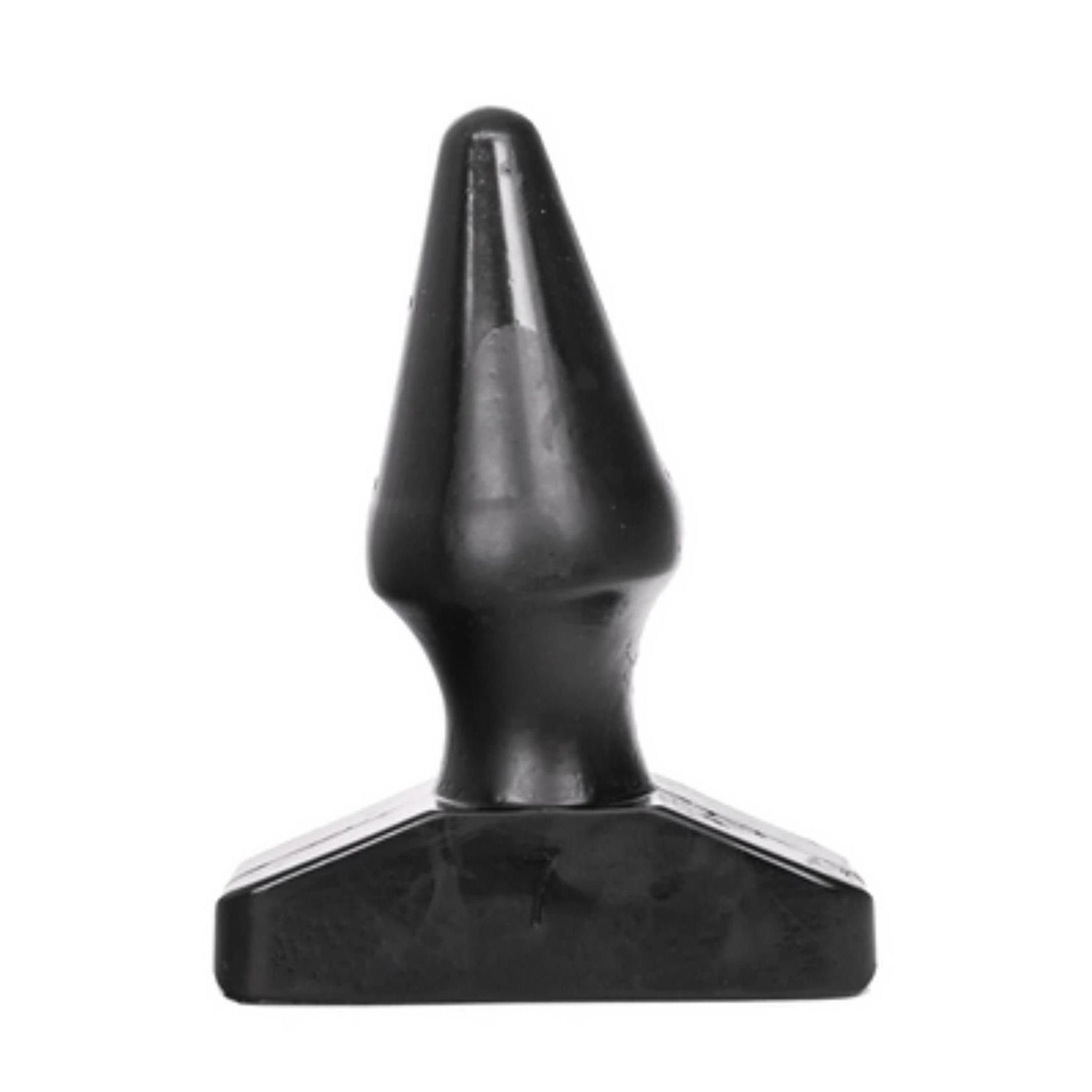 Schwarzer Analsex-Plug. Konische Form, breite rechteckige Basis. Glatte Oberfläche.