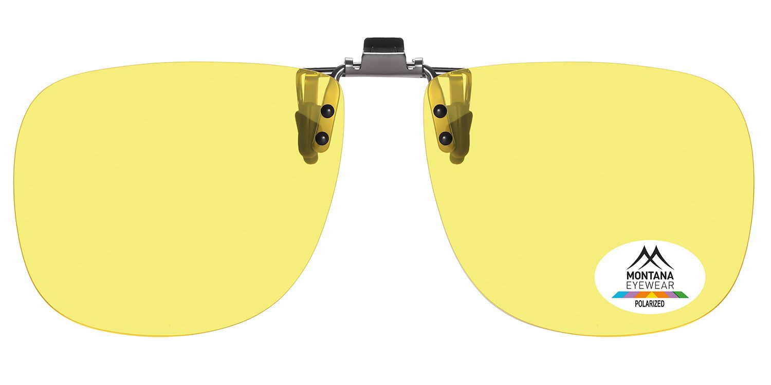 Gelbe Clip-on-Sonnenbrille. Metallrahmen. Montana Eyewear Logo und polarisiertes Label.