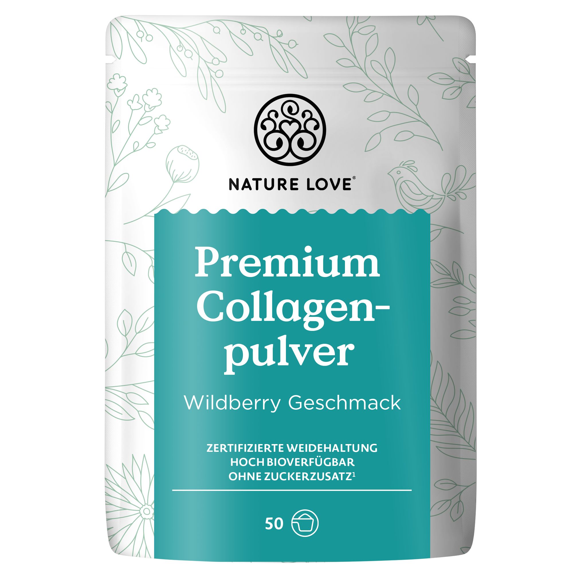 Beutel NATURE LOVE® Premium Collagenpulver Wildberry. Türkisfarbenes Etikett mit Produktbezeichnung und Logo.