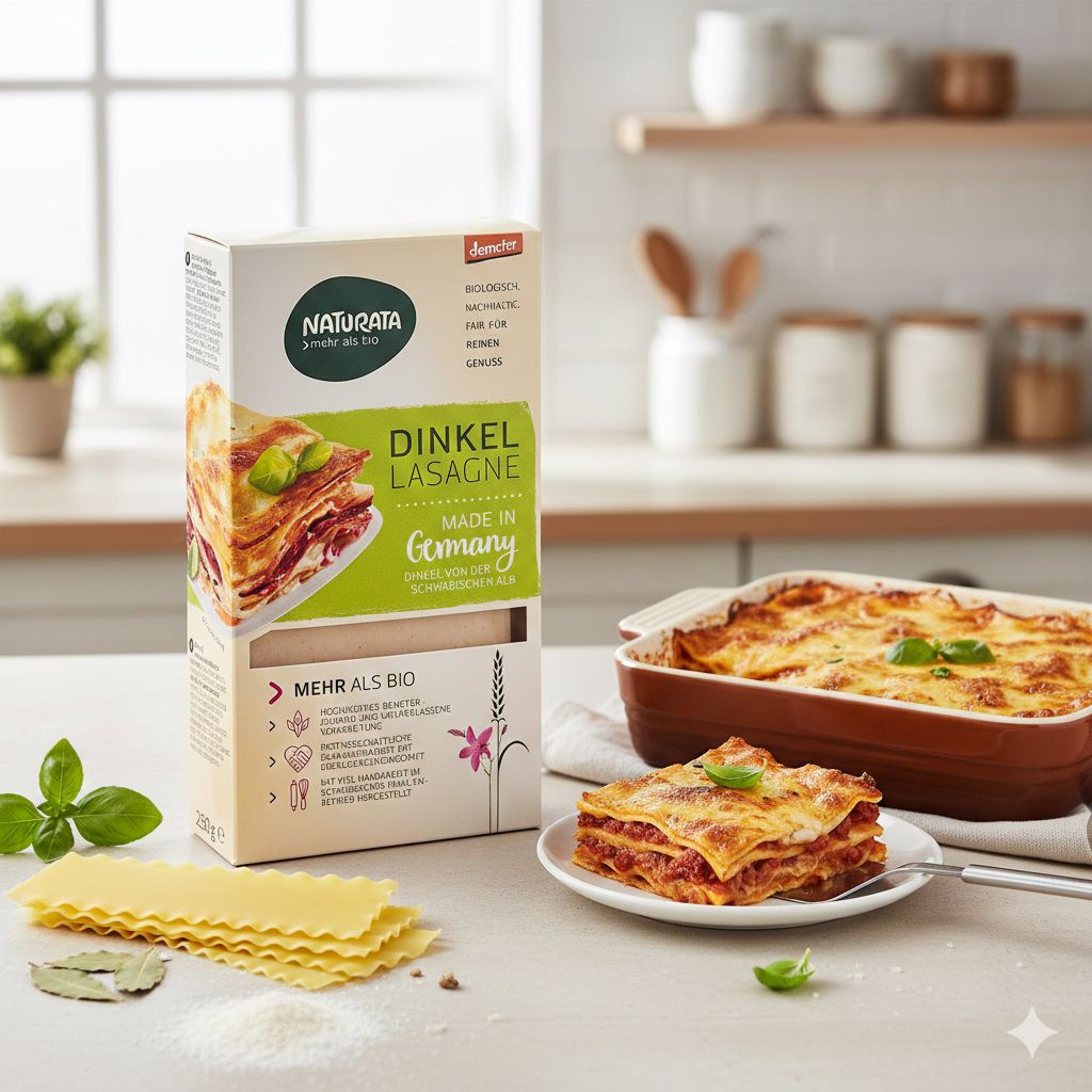 Naturata Bio Dinkel Lasagne Platten Packung mit einer fertigen Lasagne im Hintergrund.