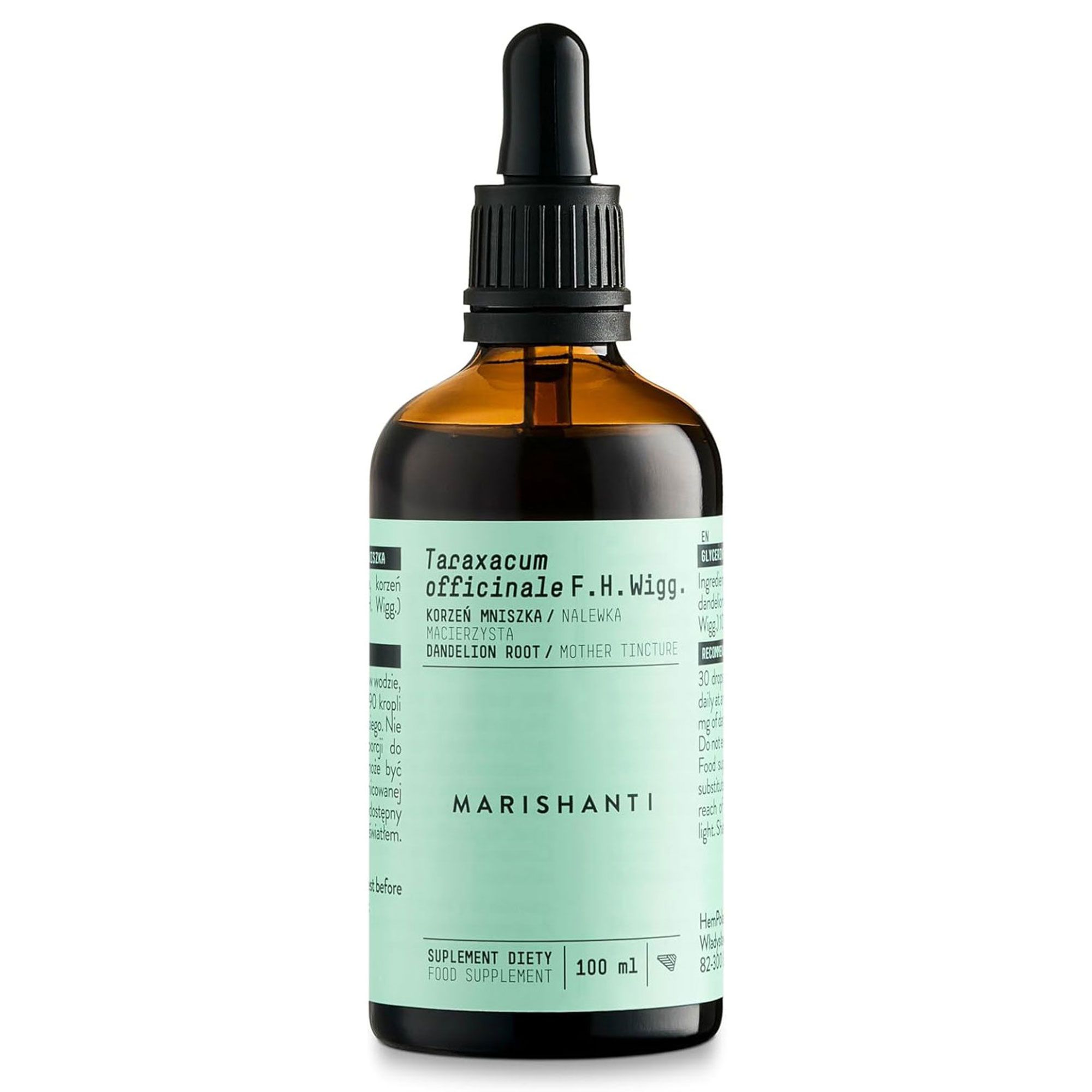 Braune Flasche mit Tropfer. Text: Marishanti, Löwenzahnwurzel Extrakt. 100 ml.