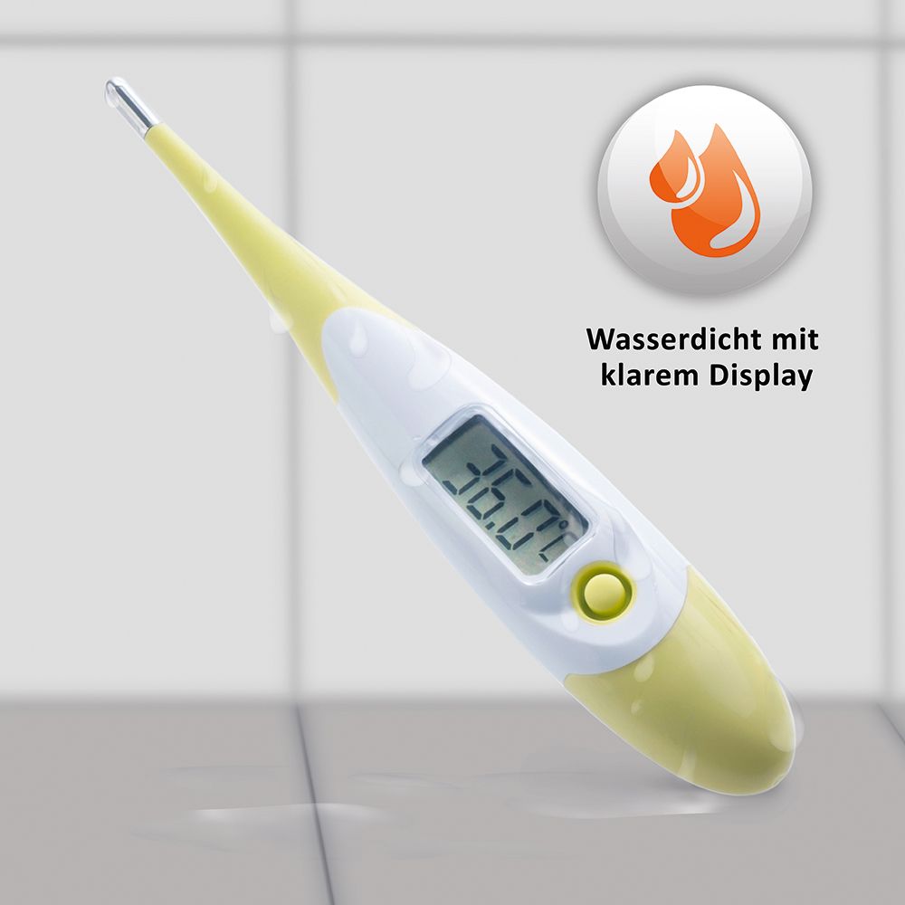 Digitales Fieberthermometer, weiß-gelb. Zeigt 36.0°C an. Wasserfest-Symbol.