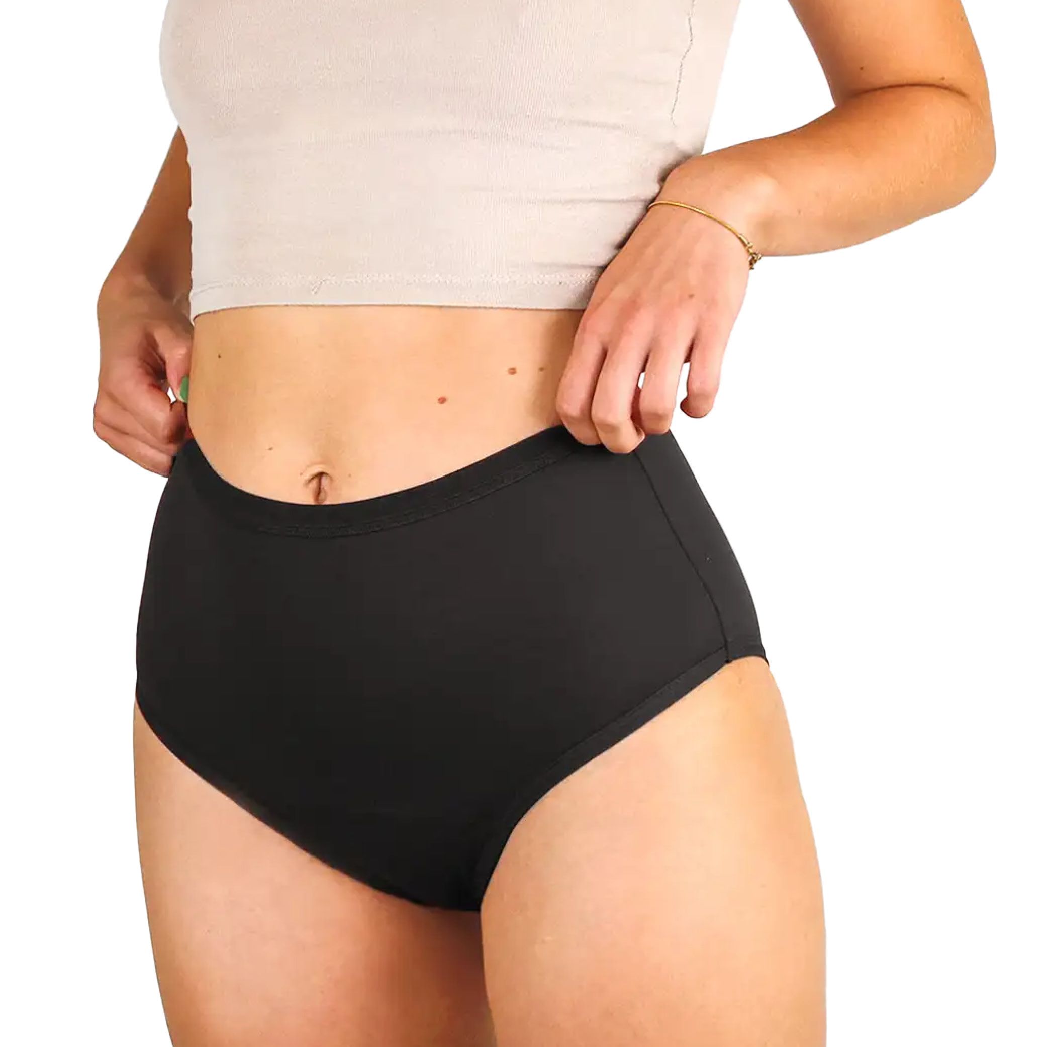 Schwarze Periodenunterwäsche mit hohem Bund, aus weichem Material, für Damen.