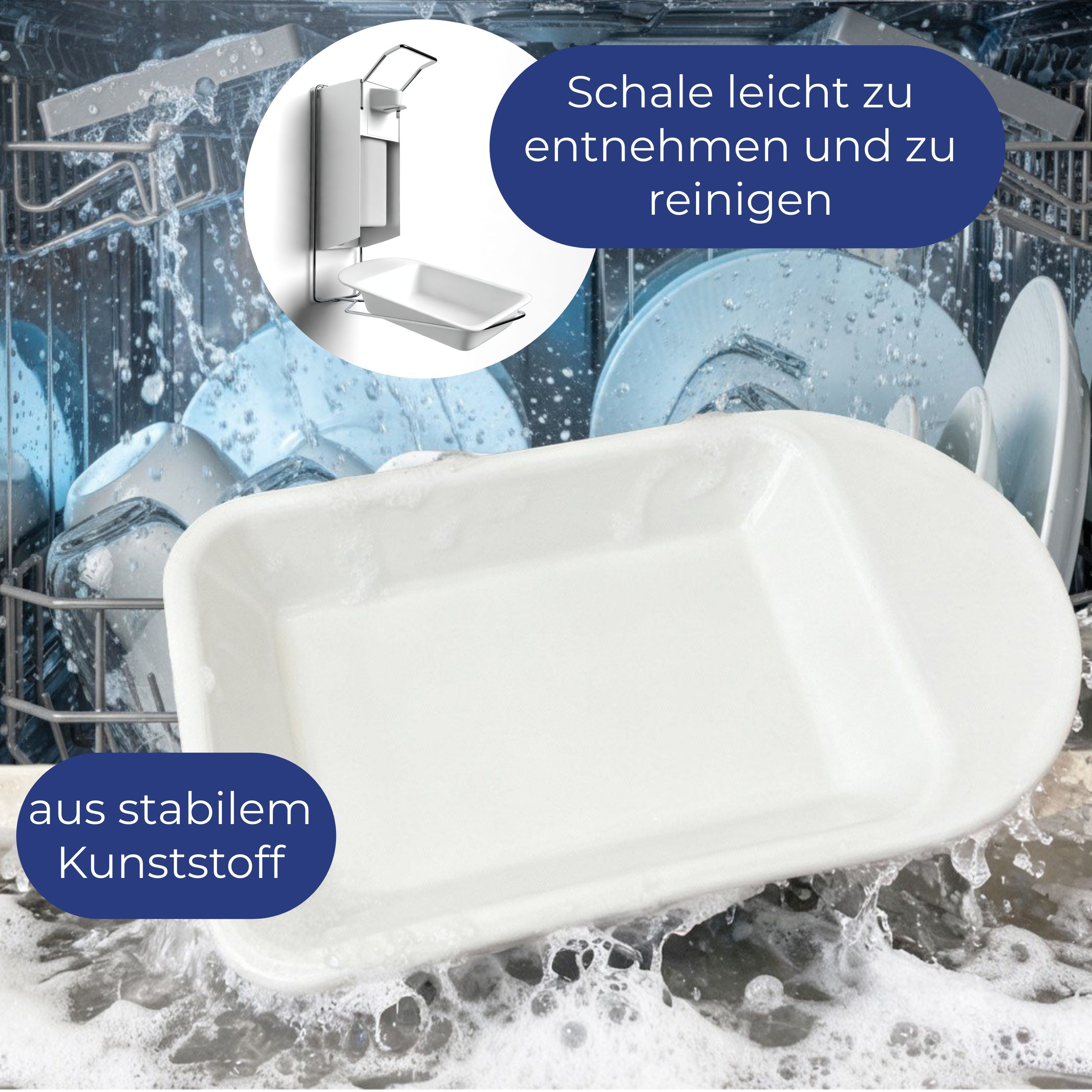 Auffangschale aus Kunststoff in Spülmaschine. Text: Schale leicht zu entnehmen und zu reinigen, aus stabilem Kunststoff.