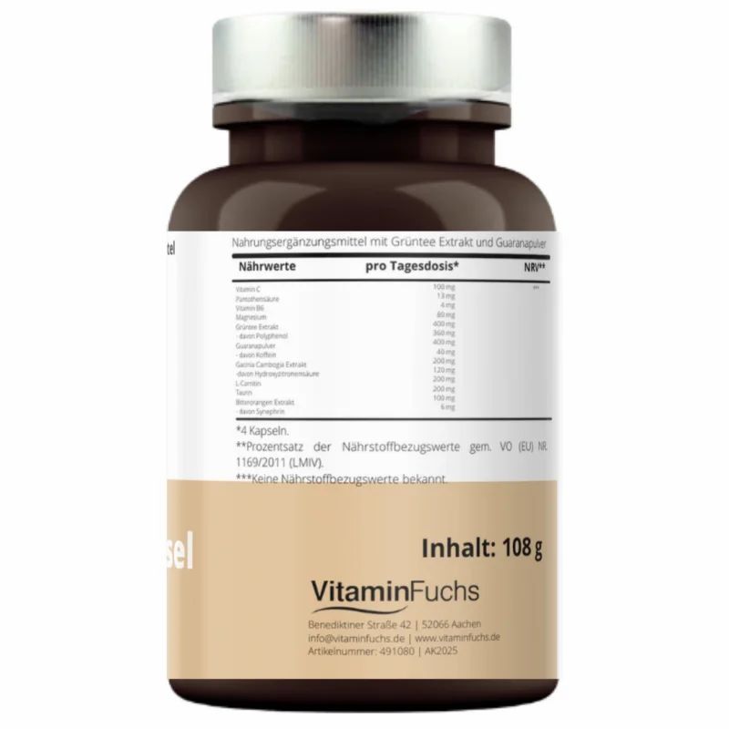 Braune Flasche mit Etikett. Aufschrift: Vitamin Fuchs, Inhaltsstoffe, 108g. Deckel silberfarben.