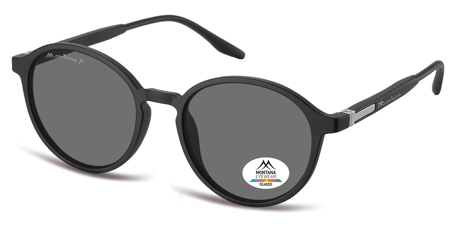 Schwarze Sonnenbrille mit runden Gläsern. Montana Eyewear Logo auf dem Bügel. Polarisierte Gläser. Logo-Aufkleber auf dem rechten Glas.