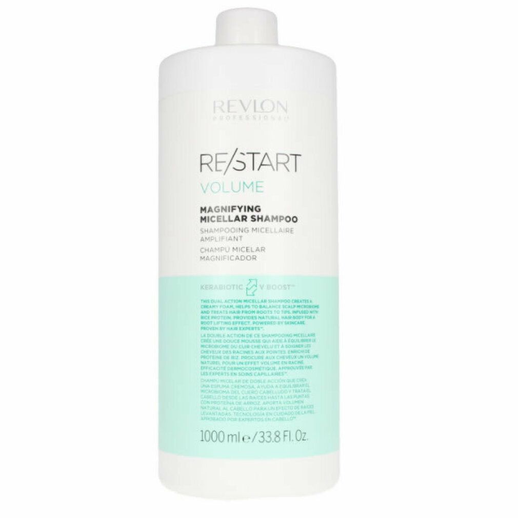 Weißes Shampoo-Behältnis mit grünem Etikett. Text: Revlon Re-Start Volume Magnifying Micellar Shampoo. 1000 ml.