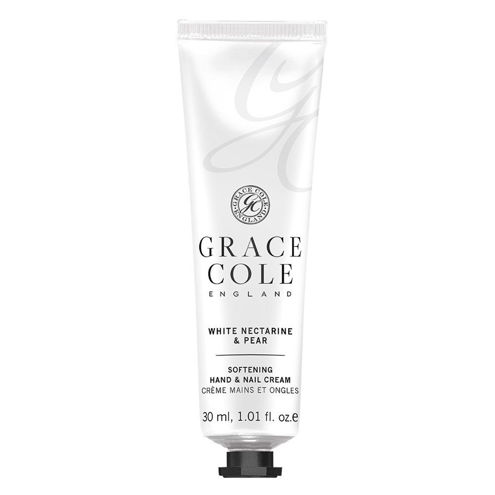 Weiße Tube Hand- und Nagelcreme. Aufschrift: Grace Cole England, White Nectarine & Pear, Softening Hand & Nail Cream. 30 ml.