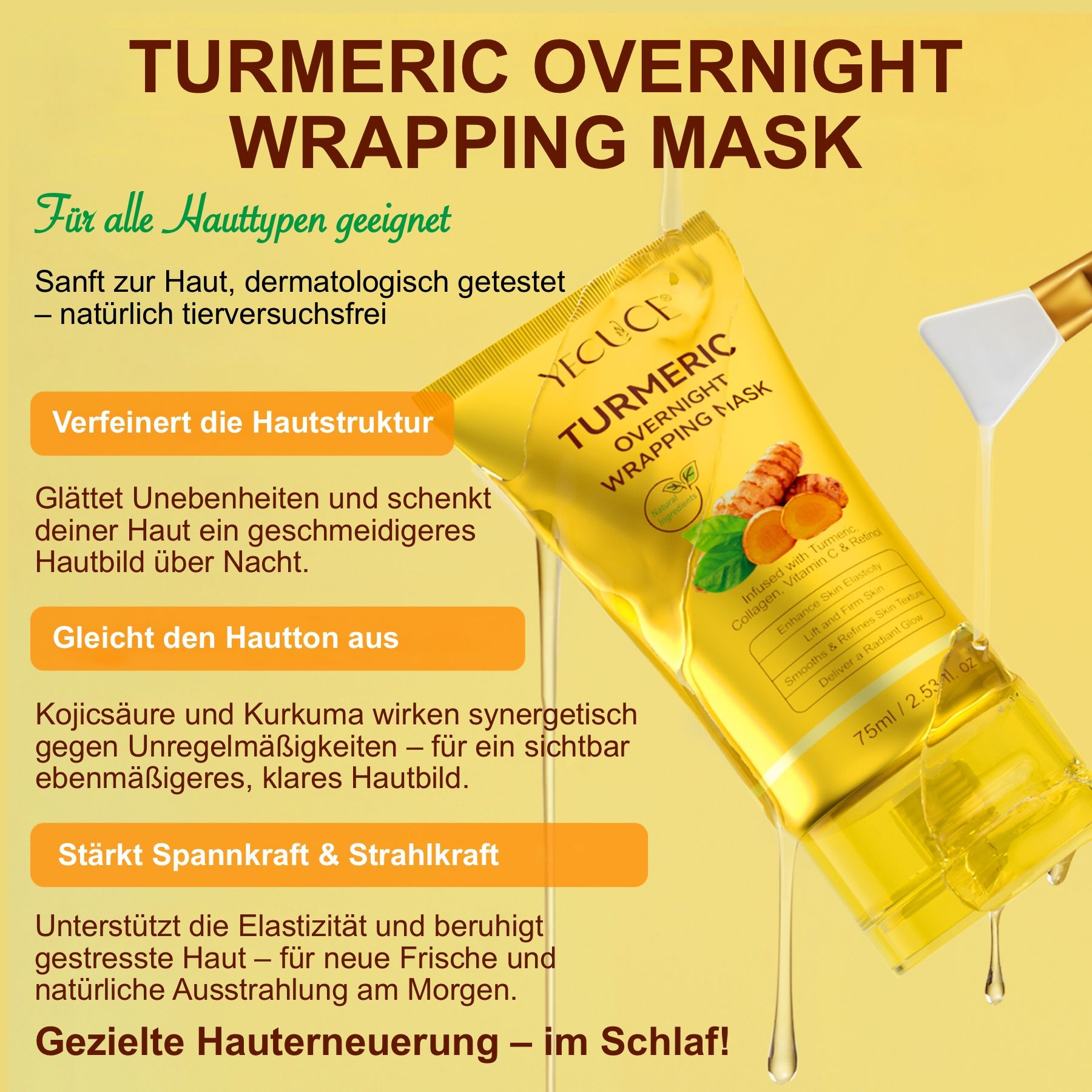 Gelbe Tube mit 'Turmeric Overnight Wrapping Mask' und Pinsel.