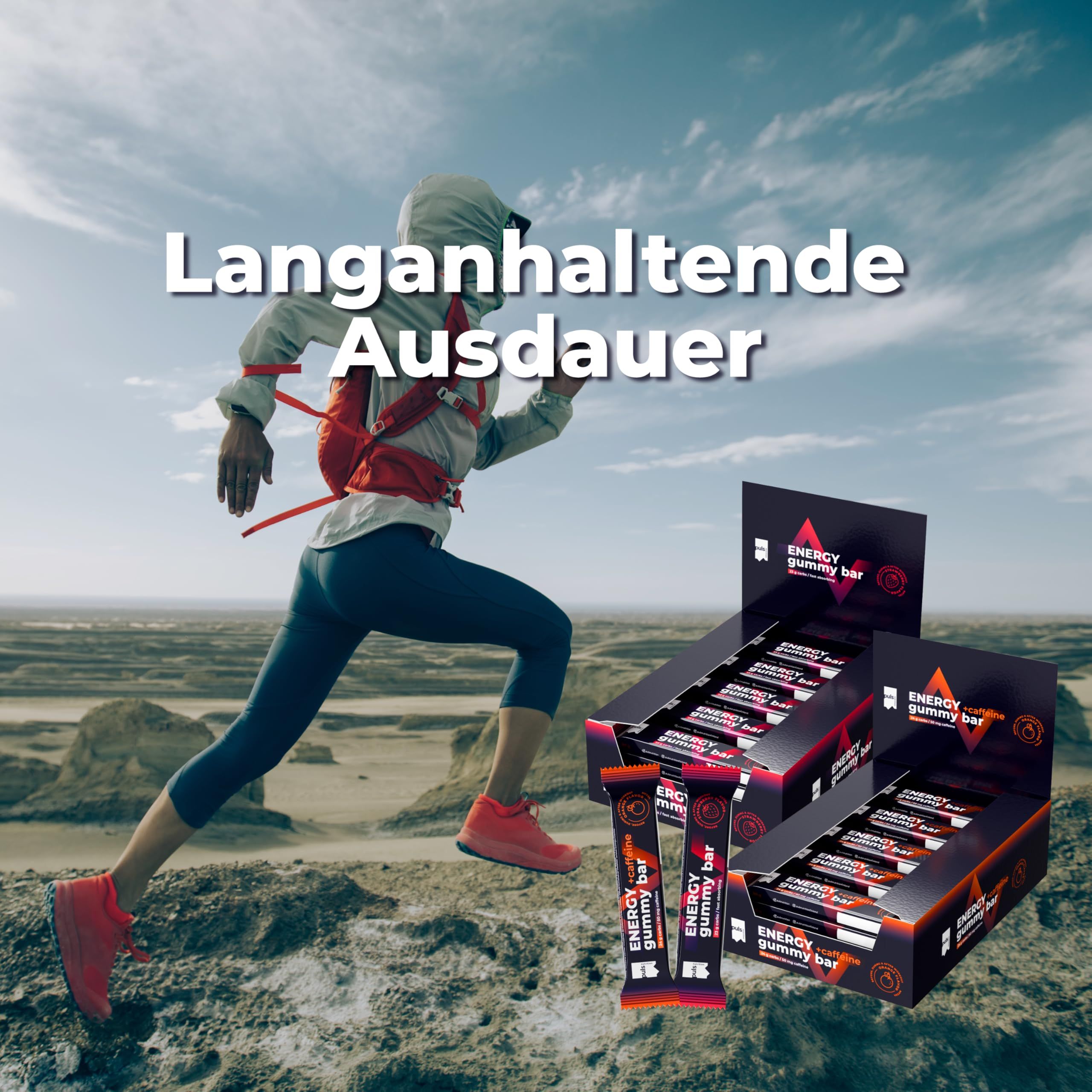 Läuferin mit Puls Energy Gummy Bars Display im Hintergrund. Langanhaltende Ausdauer.