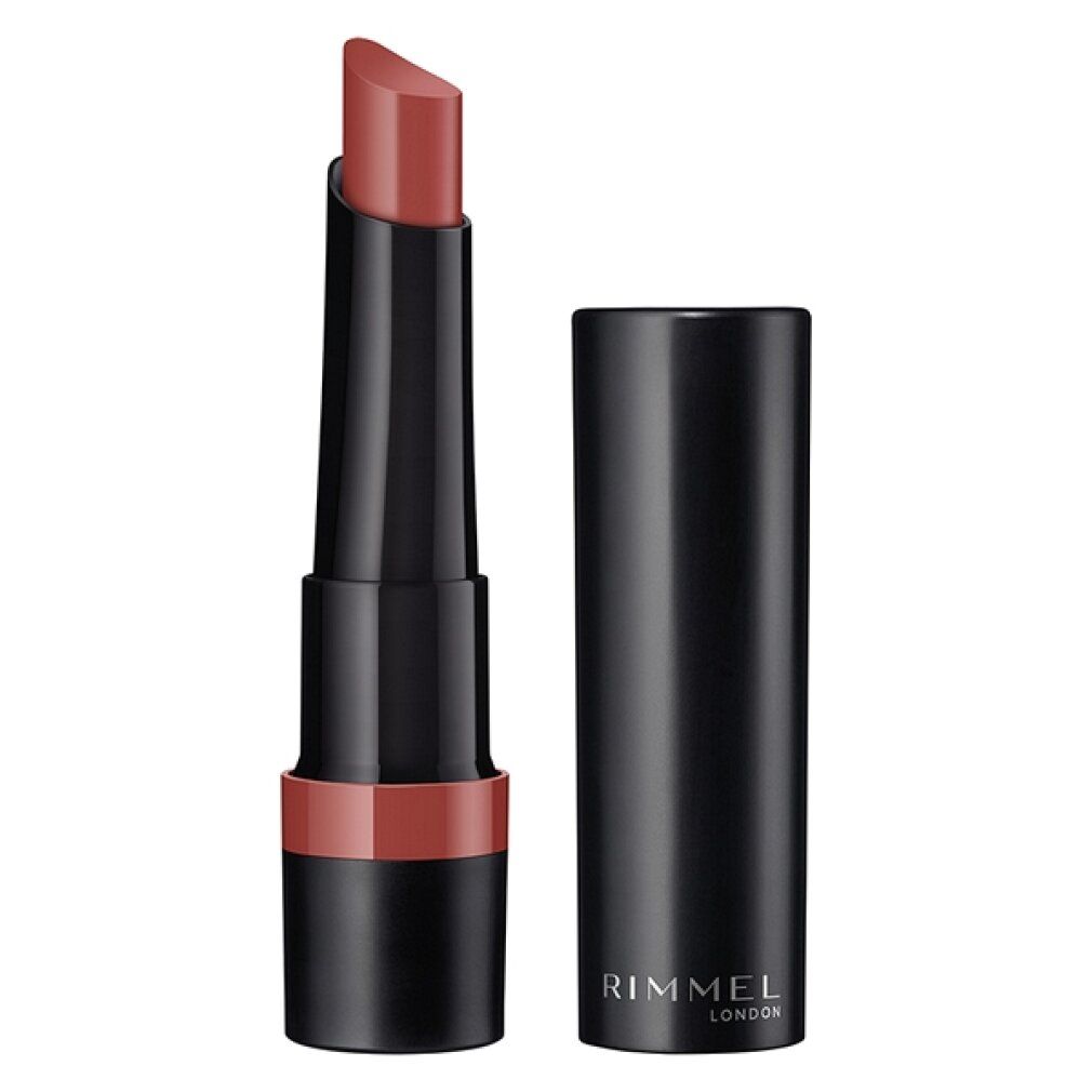 Lippenstift mit schwarzer Hülse und geöffneter Kappe. Der Lippenstift ist rosa. Auf der Hülse steht Rimmel London.
