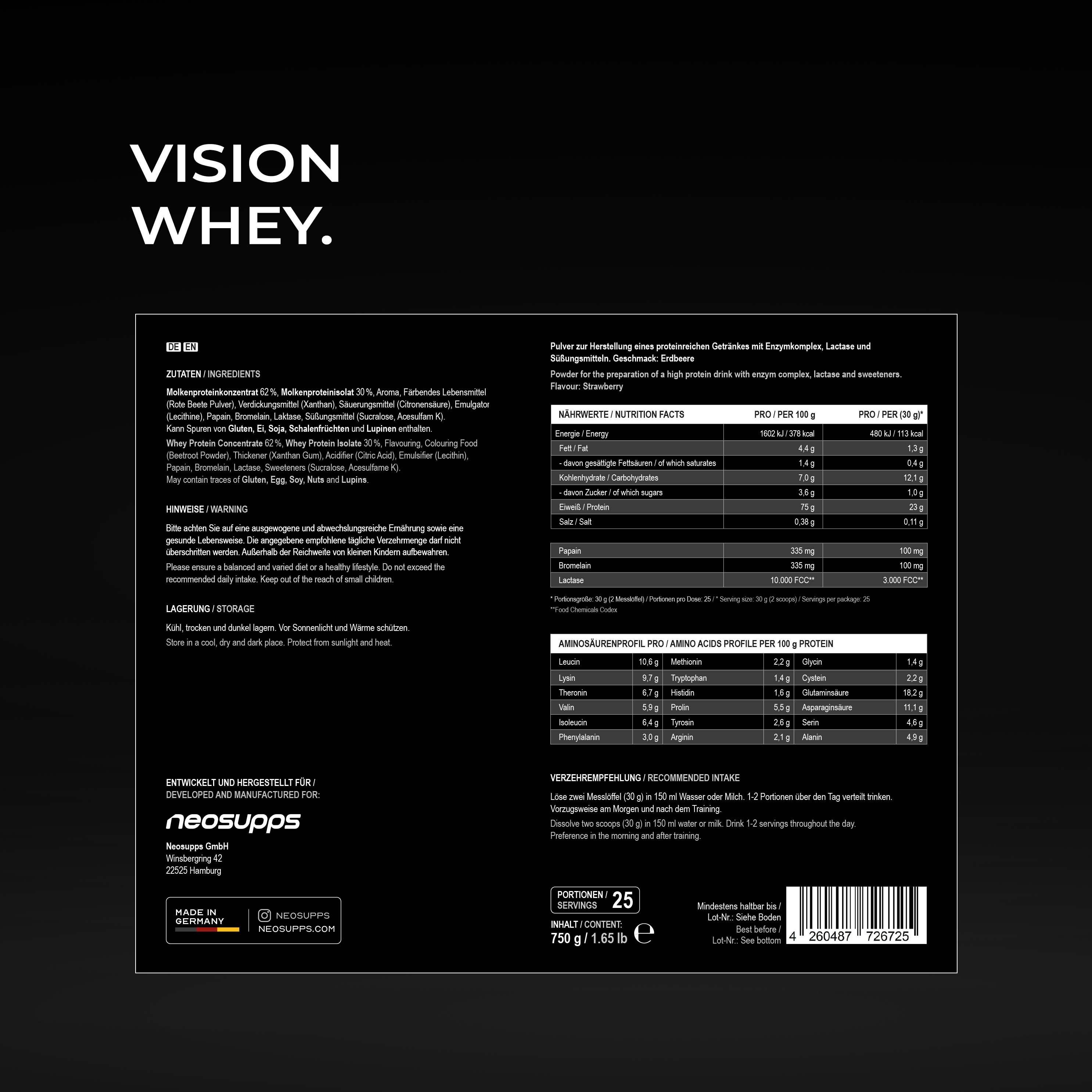 Rückseite des Neosupps Vision Whey Protein Erdbeergeschmack Behälters mit Zutatenliste und Nährwertangaben.