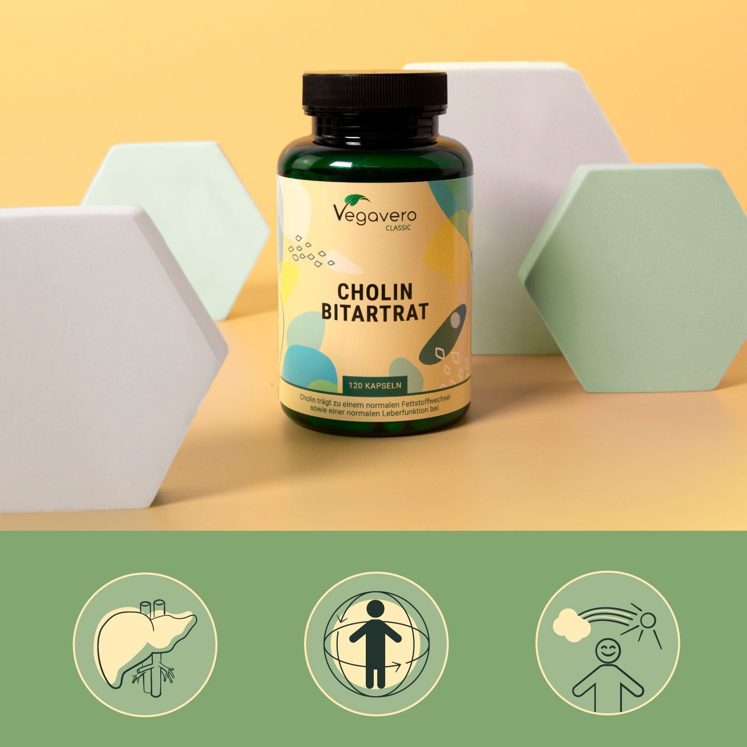 Bottiglia verde con tappo nero. Scritta: Vegavaro Classic, CHOLIN BITARTRAT, 120 capsule. Sfondo con forme geometriche e icone.