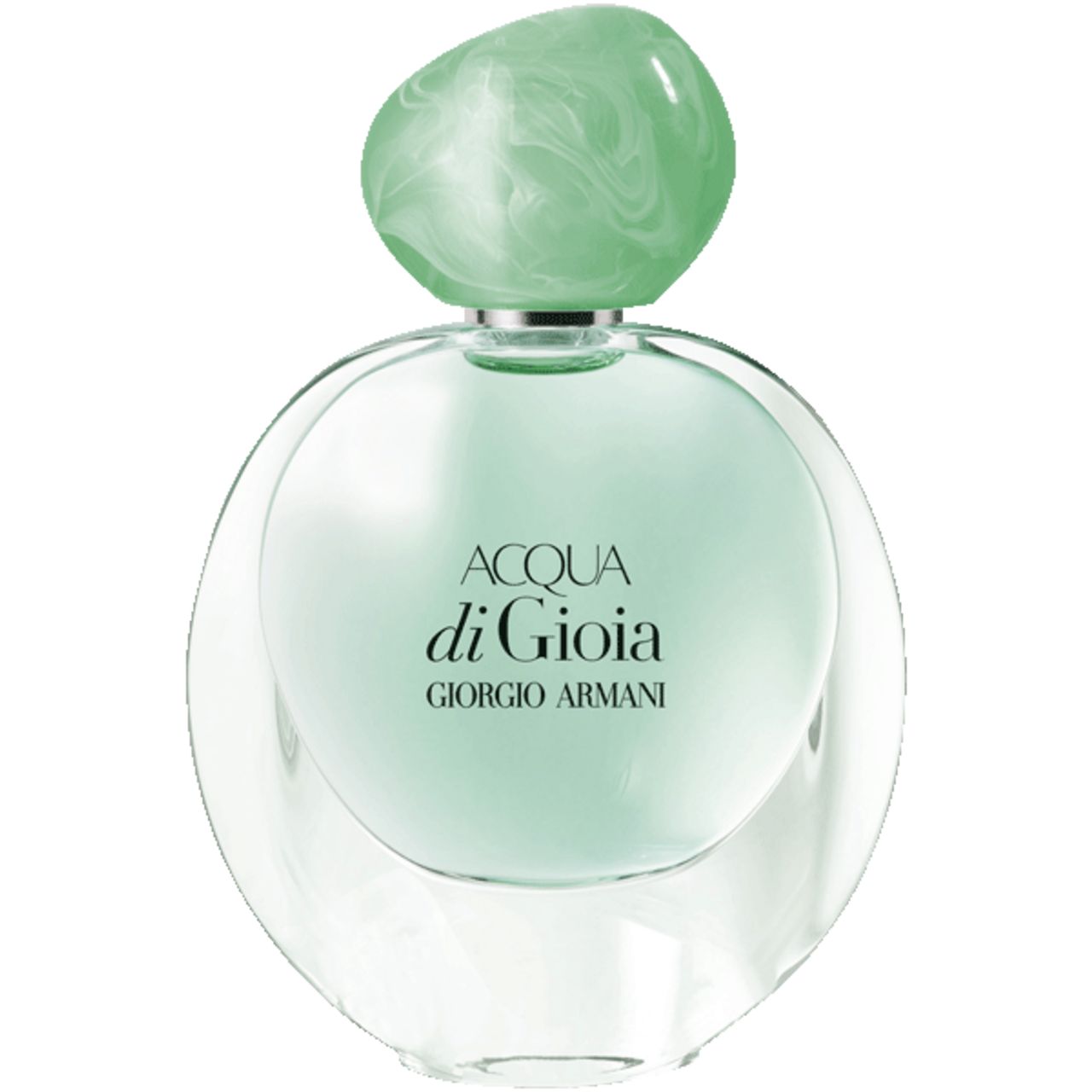 Runder Glasflakon mit grünem Verschluss. Aufschrift: Acqua di Gioia, Giorgio Armani.