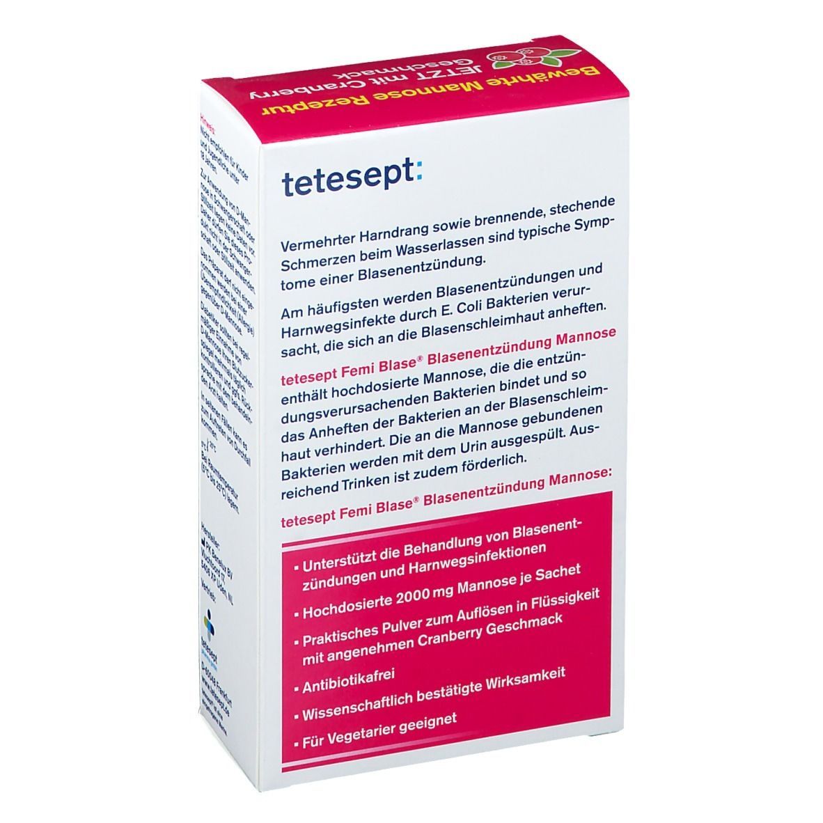 Verpackung von tetesept® Femi Blase Blasenentzündung Mannose. Rückseite mit Produktinformationen und Inhaltsstoffen.