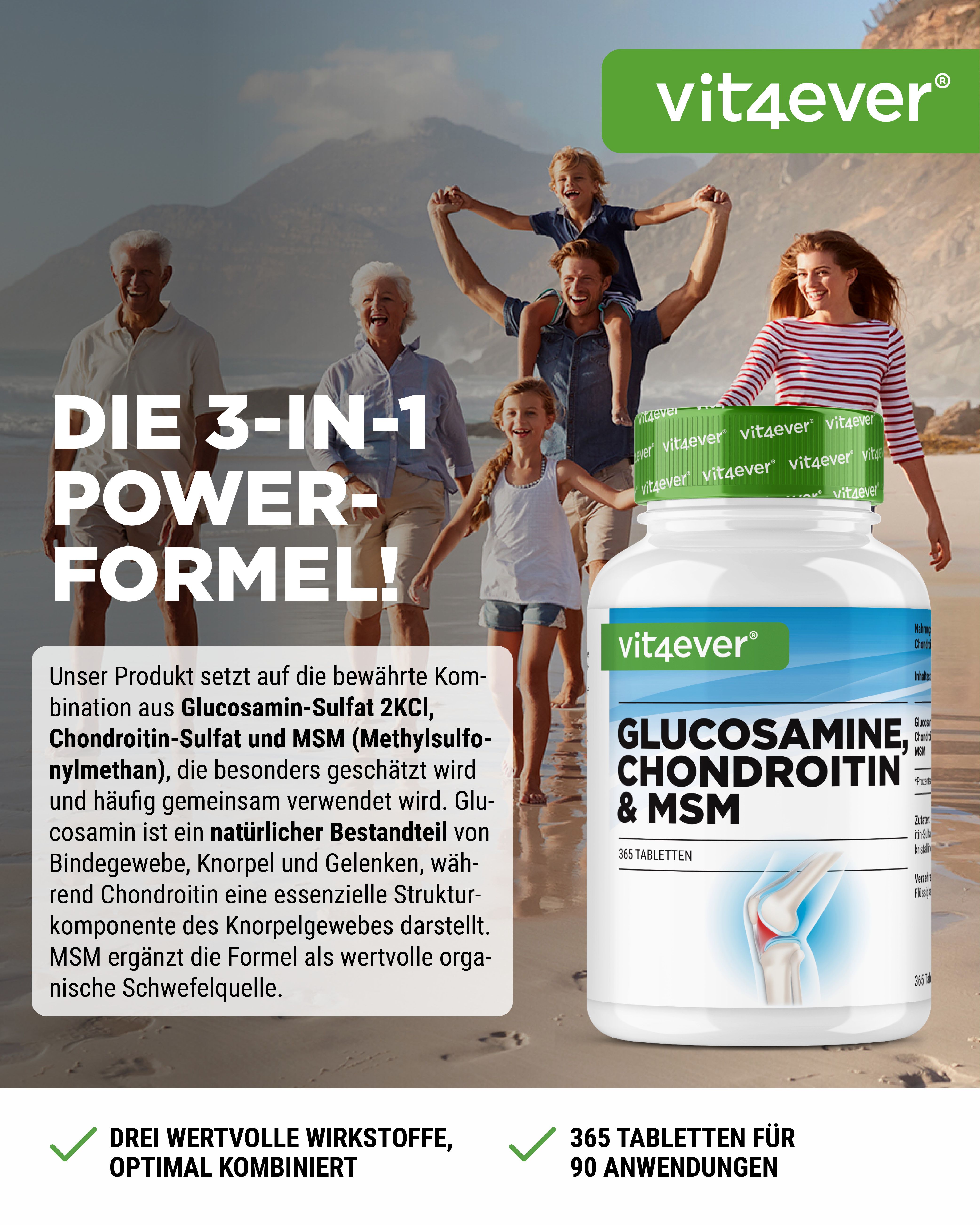 Weiße Flasche mit grünem Deckel, Etikett mit "vit4ever Glucosamin, Chondroitin & MSM". Text: "365 Tabletten". Familienfoto im Hintergrund.