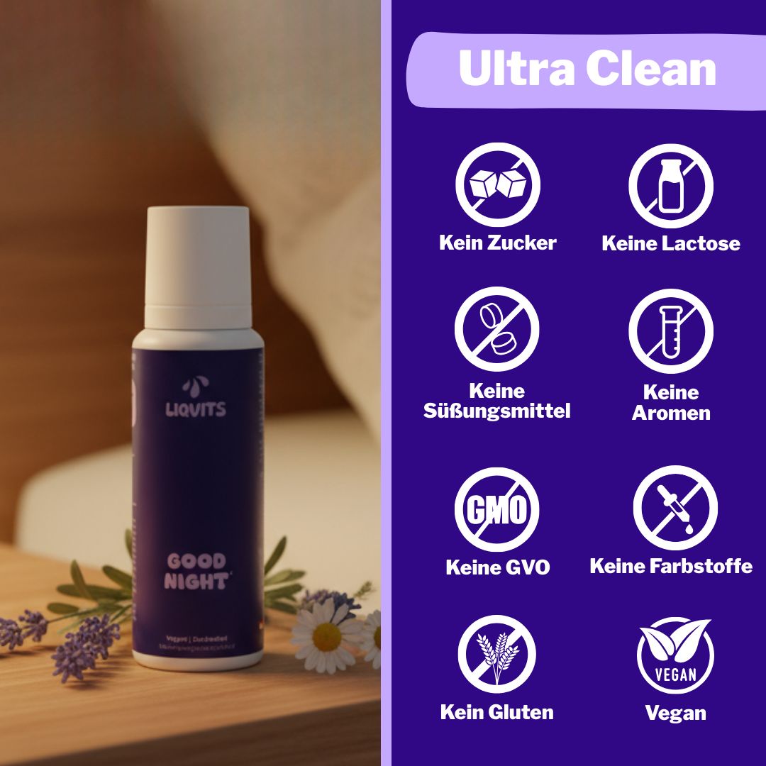Blau-weiße Flasche "Good Night". Text: Ultra Clean. Keine Zucker, Laktose, Süßungsmittel, Aromen, GVO, Farbstoffe, Gluten, Vegan.