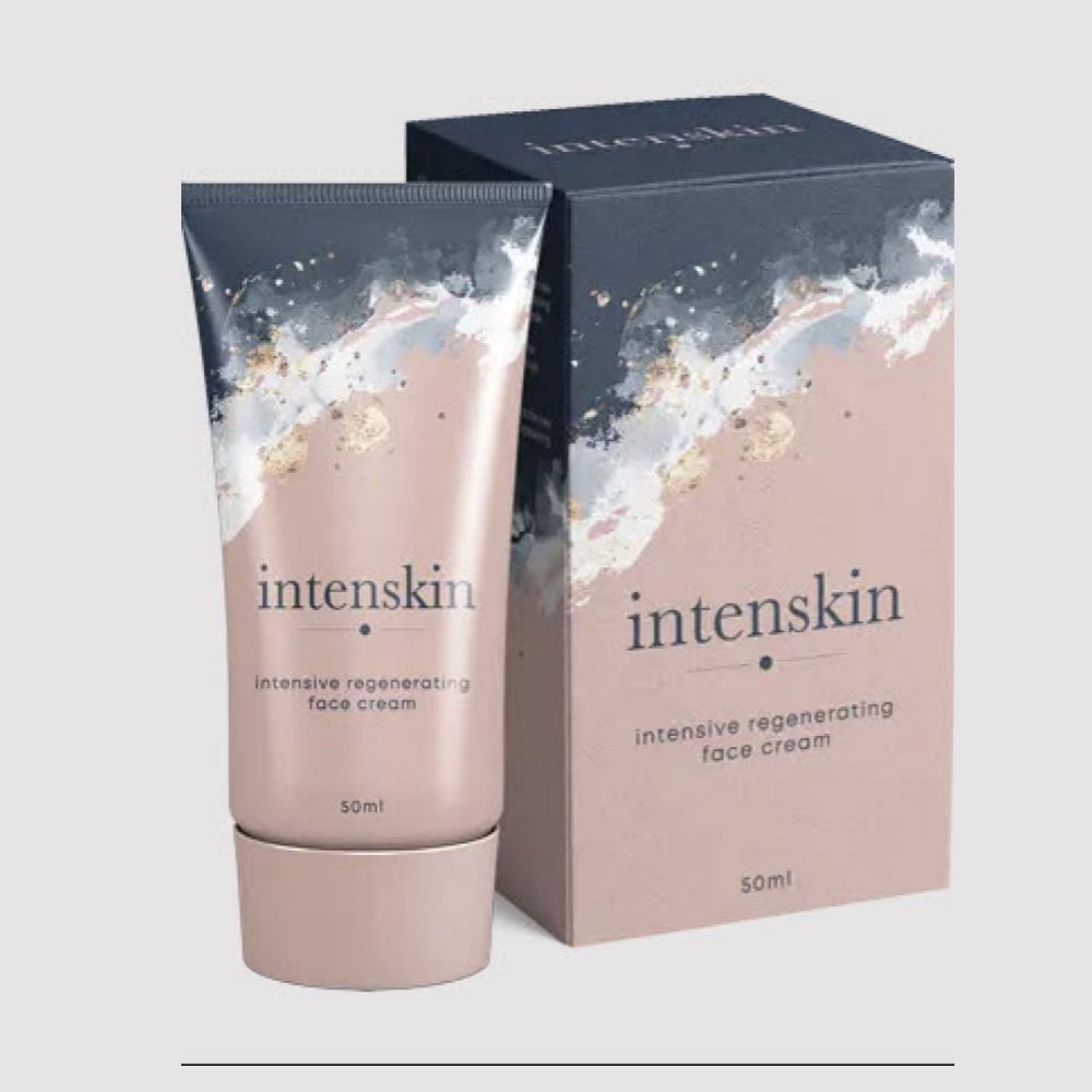 Intenskin Creme-Tube und Verpackung. Farbverlauf von Dunkelblau zu Rosa. Text: Intensive regenerierende Gesichtscreme. 50ml.