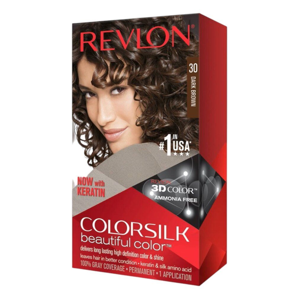 Haarfarbenbox Revlon Colorsilk. Dunkelbraun. Ohne Ammoniak. 3D Color Technologie. Mit Keratin. Aufdruck: Beautiful Color. 100% Grauabdeckung.