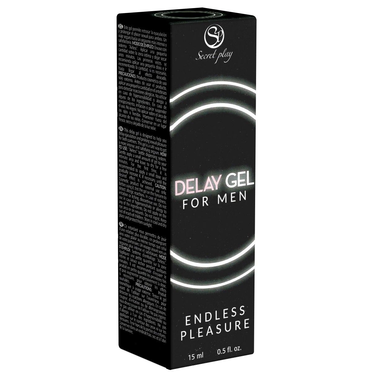 Schwarze Verpackung mit "DELAY GEL FOR MEN" und "ENDLESS PLEASURE". Marke: Secret Play. 15 ml.