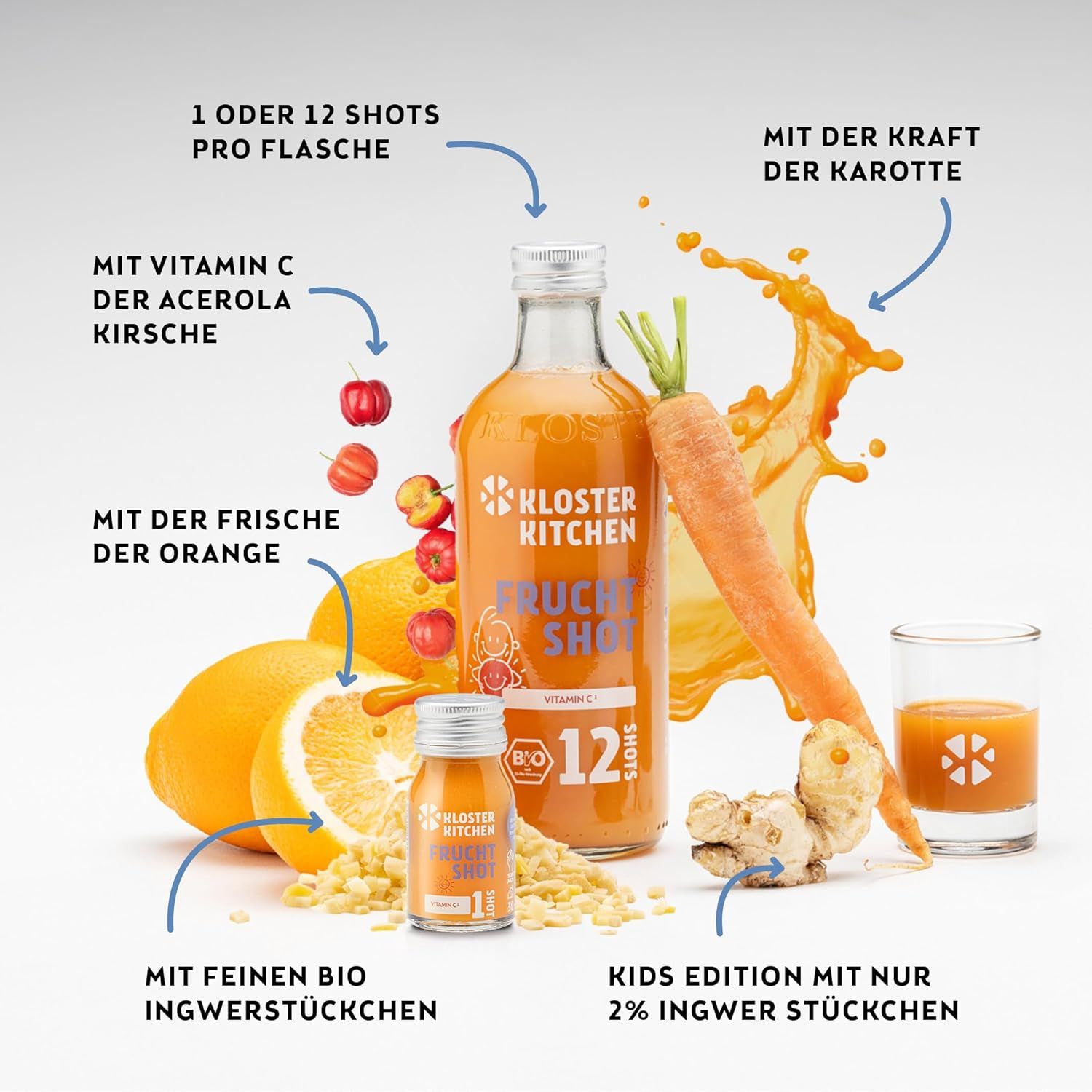 Produktflasche und Zutaten: Orange, Karotte, Ingwer, Acerola-Kirsche. Zusätzliches Glas mit Inhalt.