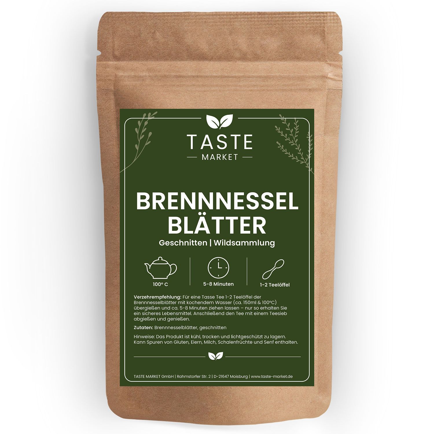 Taste Market Brennnesselblätter in brauner Papiertüte, geschnitten, Wildsammlung.