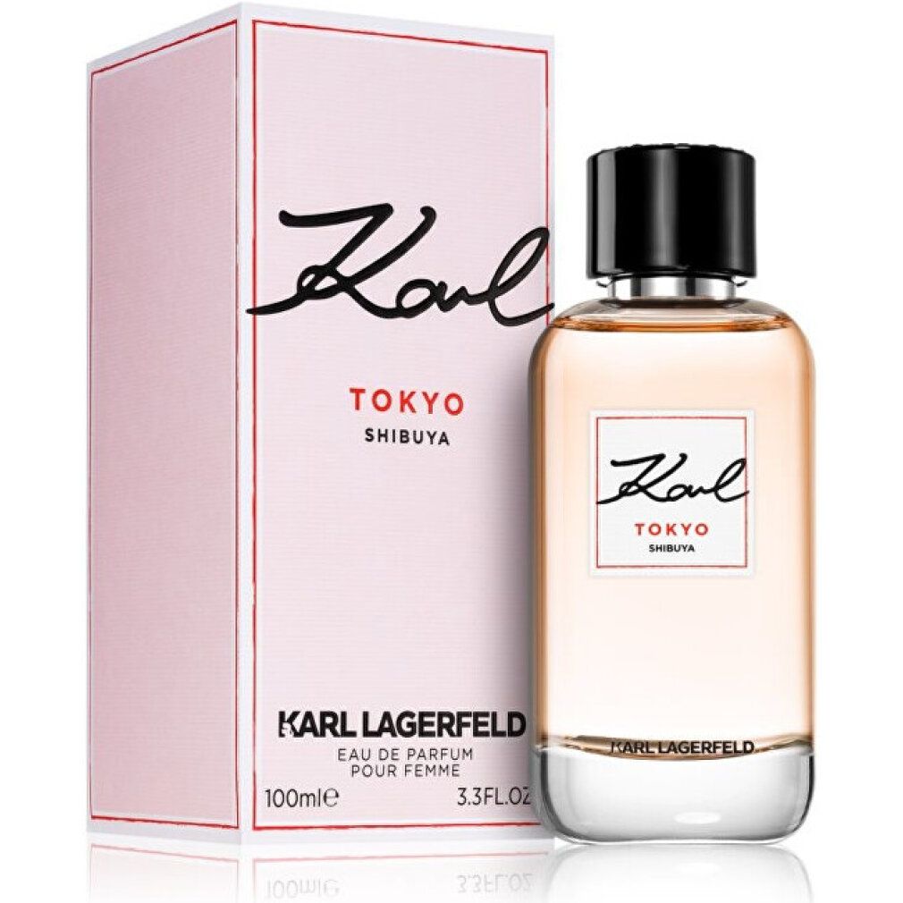 Flakon und Verpackung von Karl Lagerfeld Tokyo Shibuya. Schwarzer Deckel, weißes Etikett mit Schriftzug. 100ml.