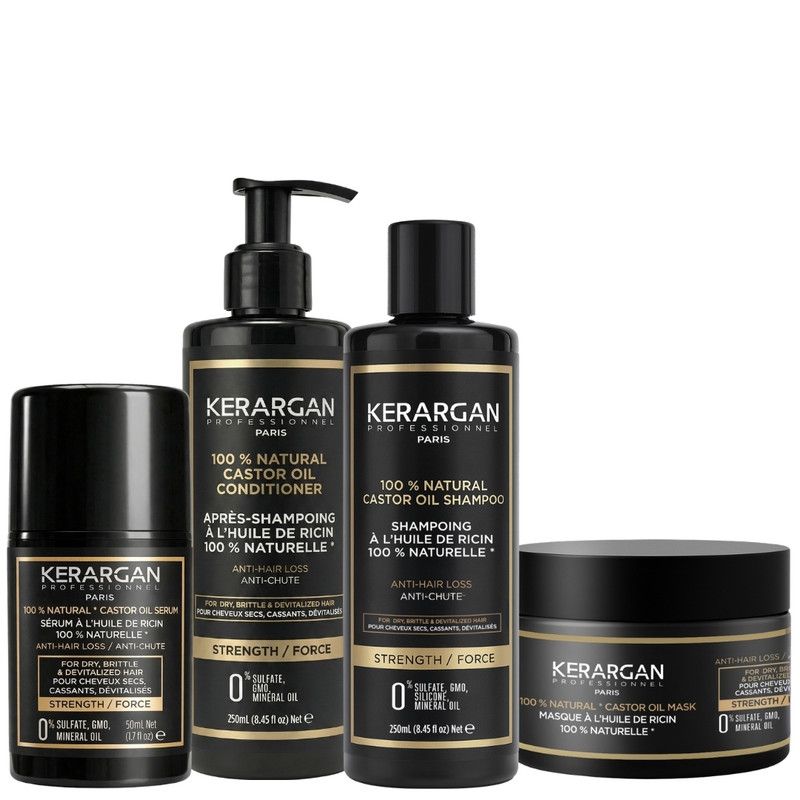 Kerargan – Komplettset mit Shampoo, Conditioner, Maske & Serum Rizinusöl 800 ml