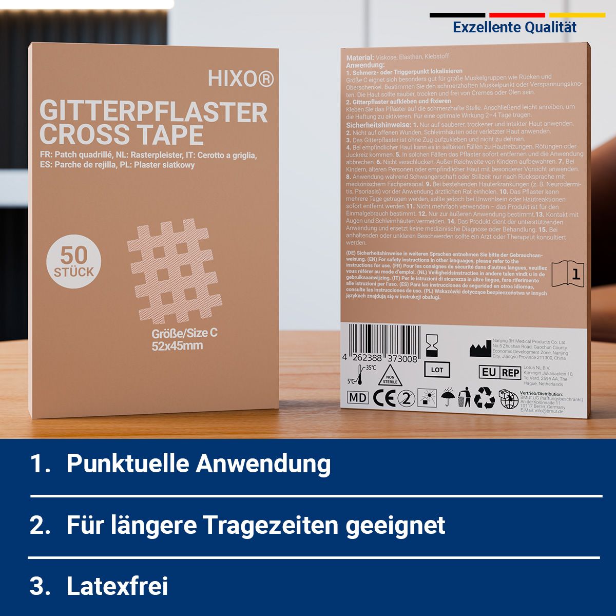 Vorder- und Rückseite der Verpackung. "Exzellente Qualität". 50 Gitterpflaster, Größe C.
