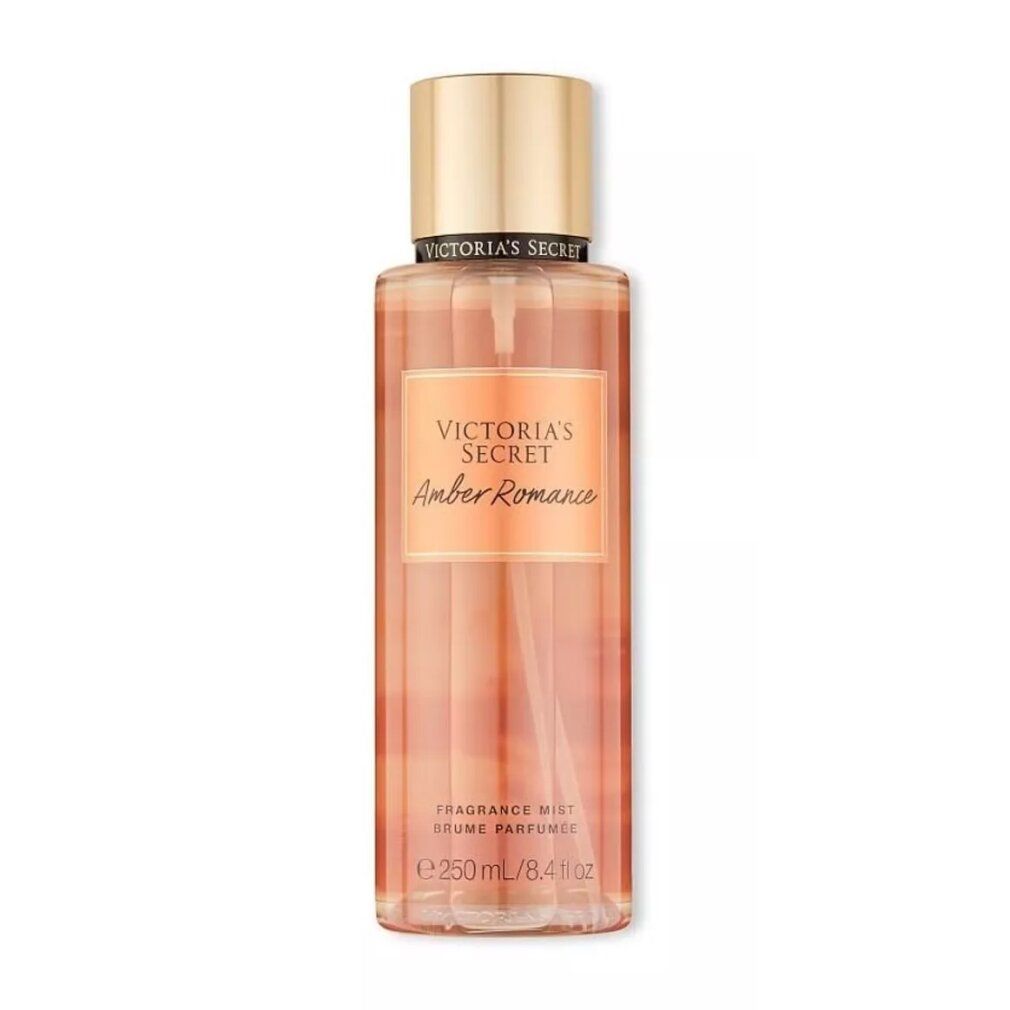 Victoria's Secret Amber Romance Körperspray, 250ml. Flakon mit goldenem Verschluss, Frontansicht.