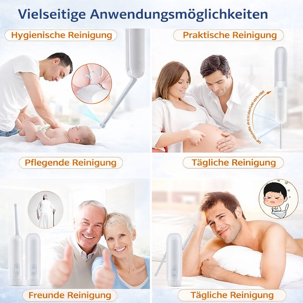 Anwendungsbeispiele für ein tragbares Bidet: Hygiene, praktische, pflegende und tägliche Reinigung. Freunde und Entspannung.
