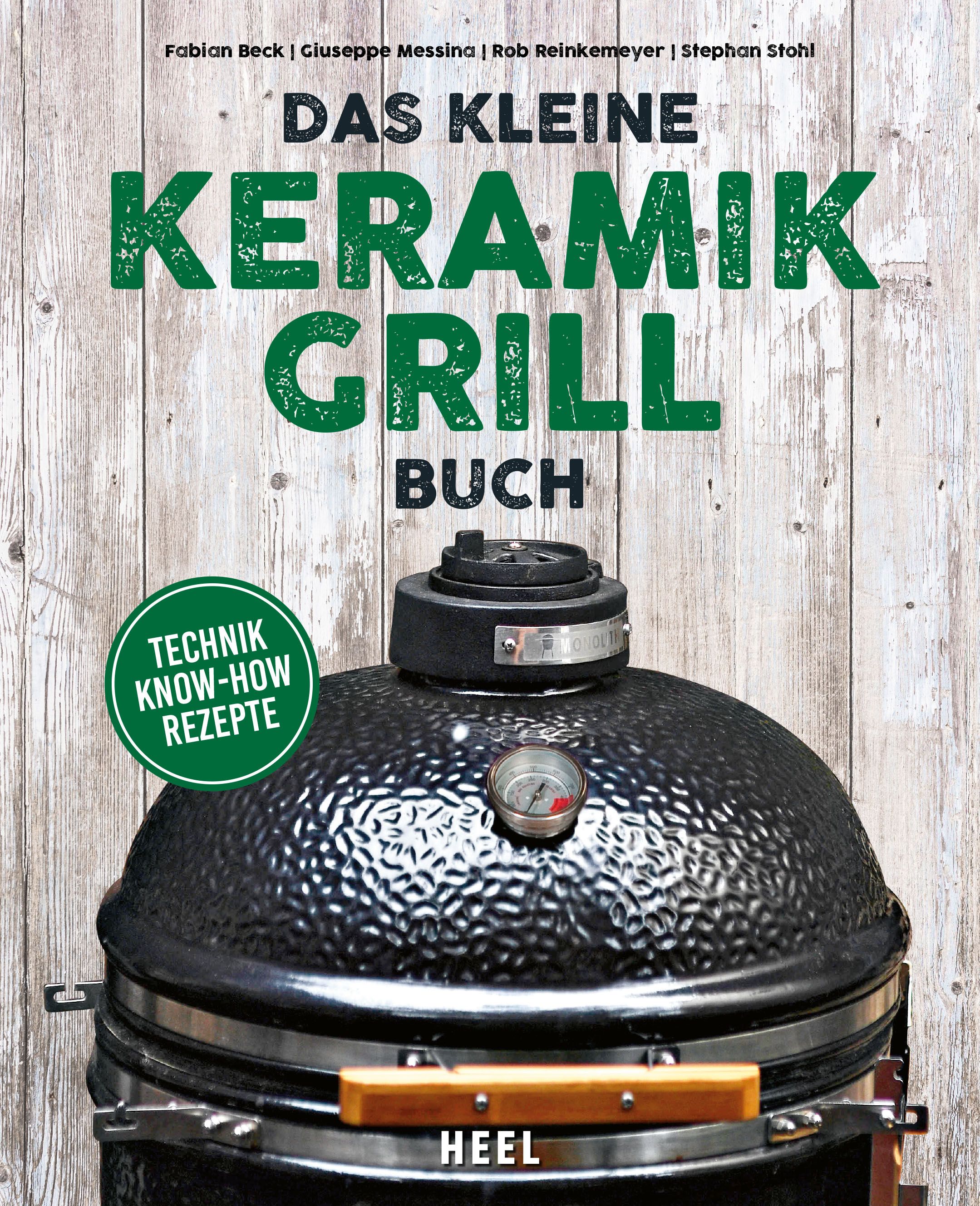 Buchcover mit Titel "Das kleine Keramik Grill Buch". Auf dem Cover ein schwarzer Keramikgrill. Autoren und Verlag sind sichtbar.