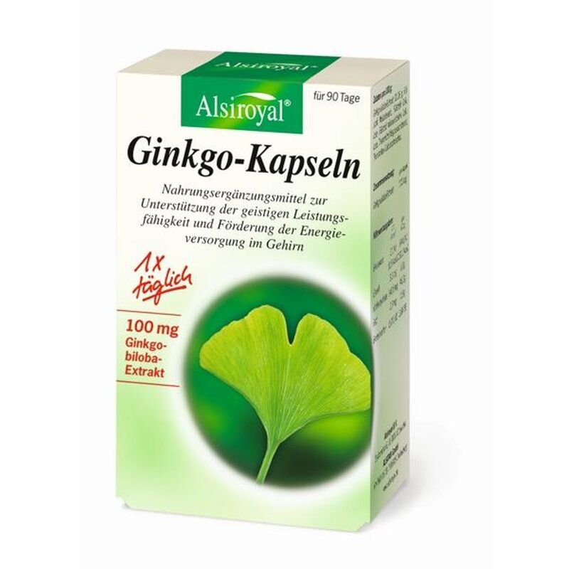 Alsiroyal Ginkgo-Kapseln. Weiße Schachtel mit grünen Akzenten. Ginkgo-Blatt-Illustration. Text: Nahrungsergänzungsmittel, 1x täglich, 100 mg Ginkgo biloba Extrakt.