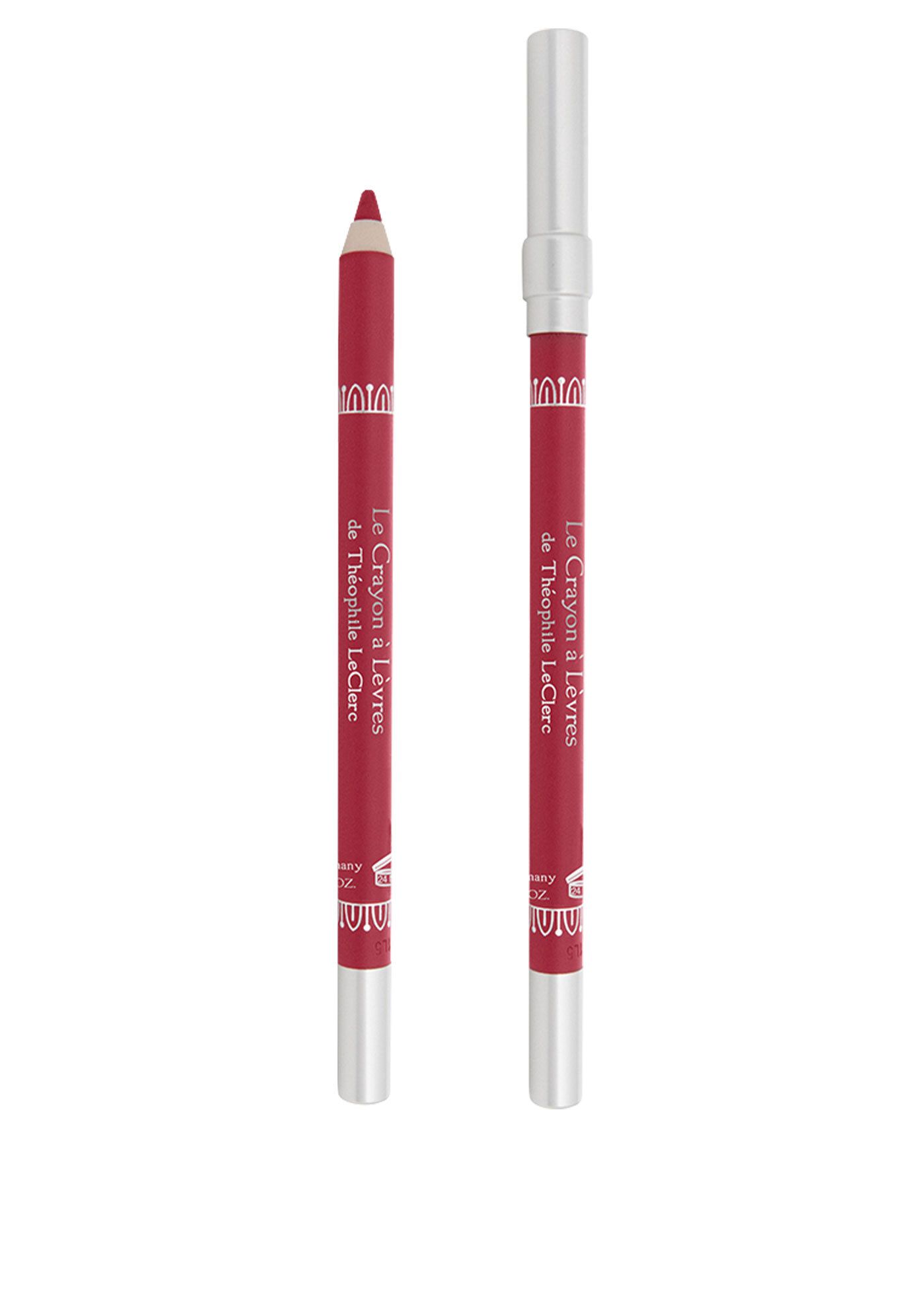 Zwei Lipliner, rot. Der eine ist gespitzt, der andere hat eine Kappe. Aufschrift: Le Crayon à Lèvres de Théophile LeClerc.