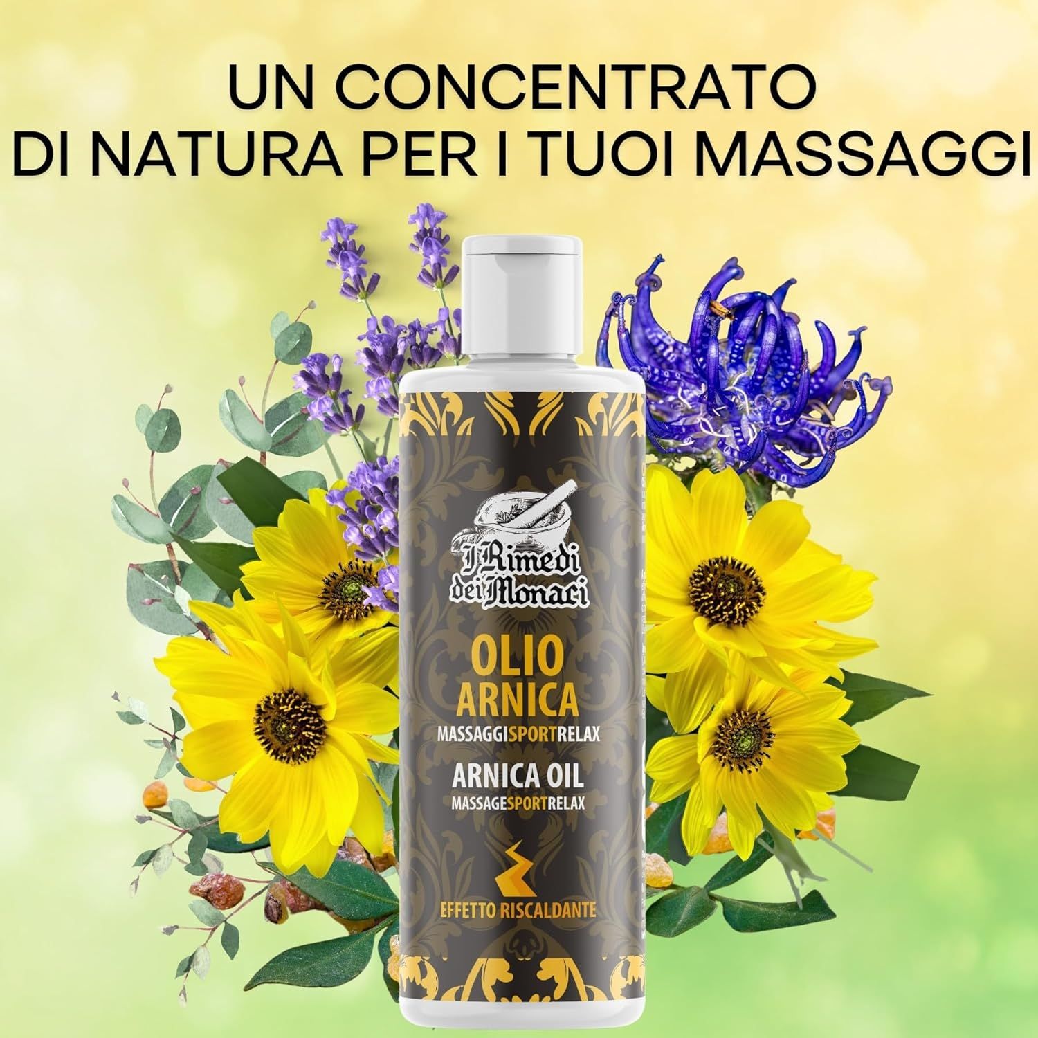 Flasche mit Etikett: IRimediDeiMonaci Arnikaöl. Umgeben von Blumen und Blättern. Text: Un concentrato di natura per i tuoi massaggi.