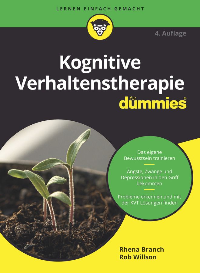 Buchcover: Kognitive Verhaltenstherapie für Dummies. Titel, Autoren, grüne Kreise mit Text. Pflanzen im Vordergrund.